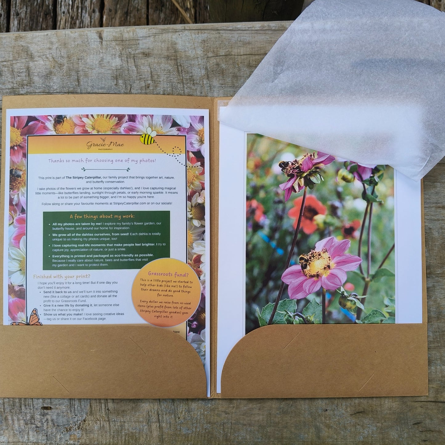 Purple anenome dahlias with bumbebees art print by Gracie-Mae – available in A4, A3, A2