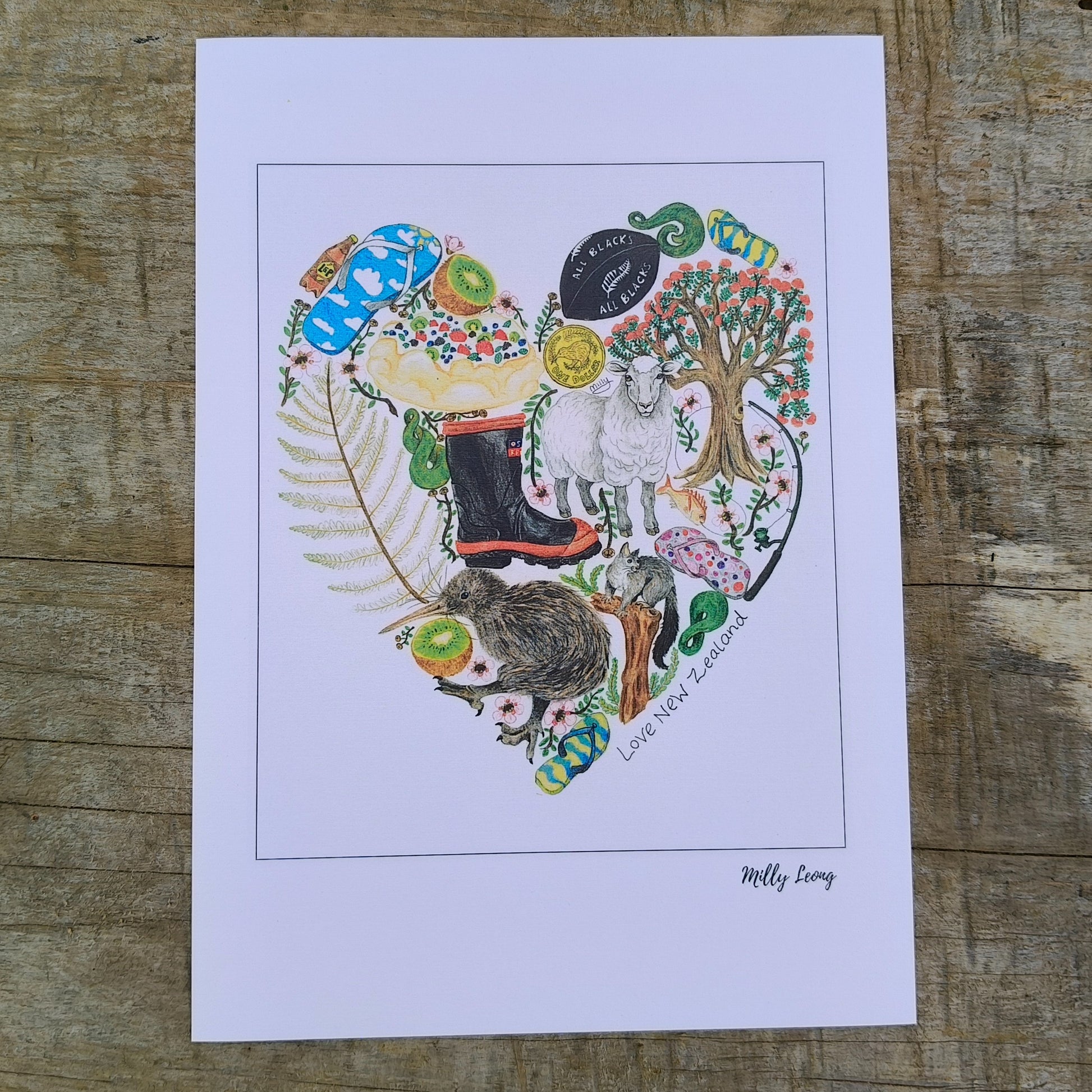 Kiwiana-themed art print by Milly – hand-drawn design featuring gumboots, sheep and kiwi
