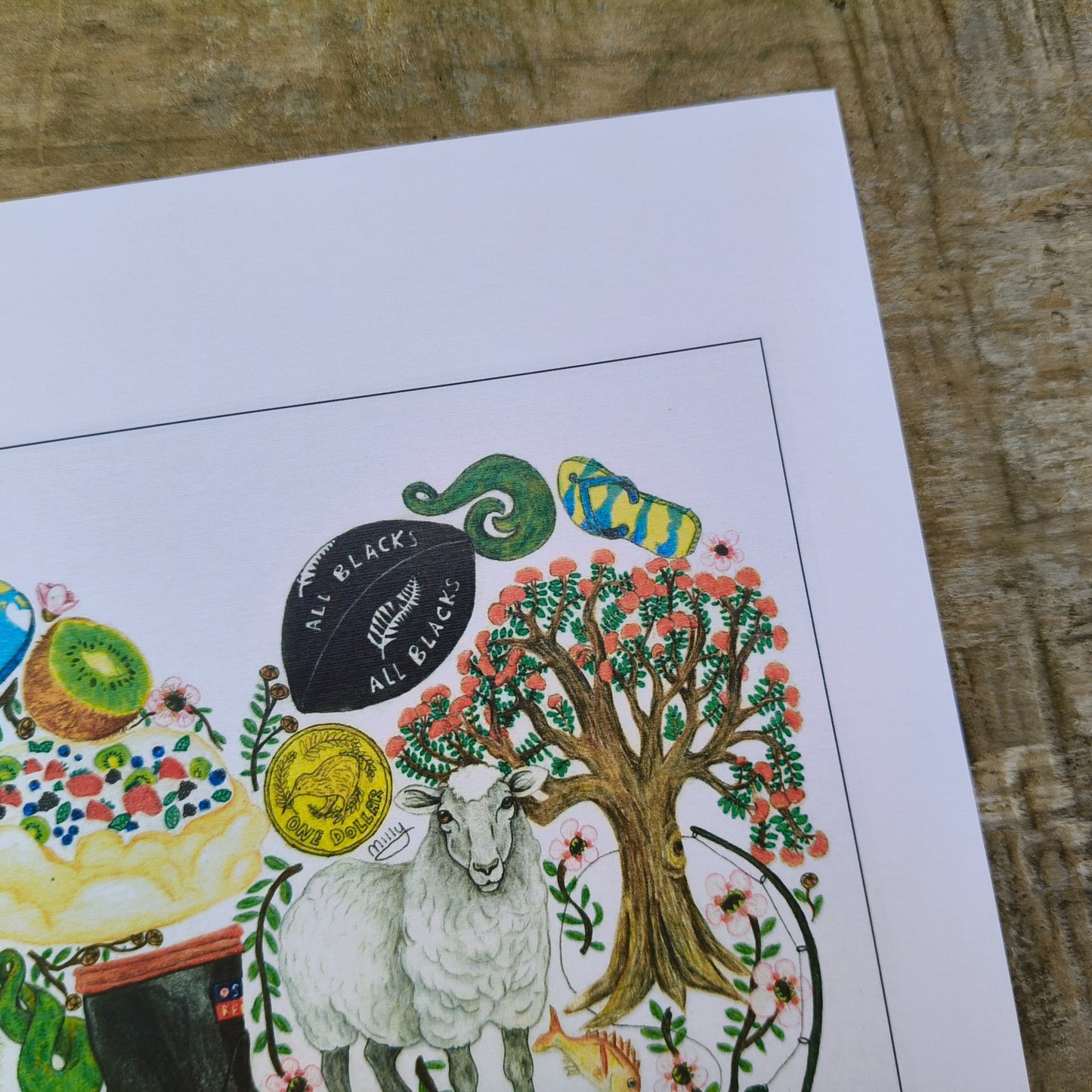 Kiwiana-themed art print by Milly – hand-drawn design featuring gumboots, sheep and kiwi