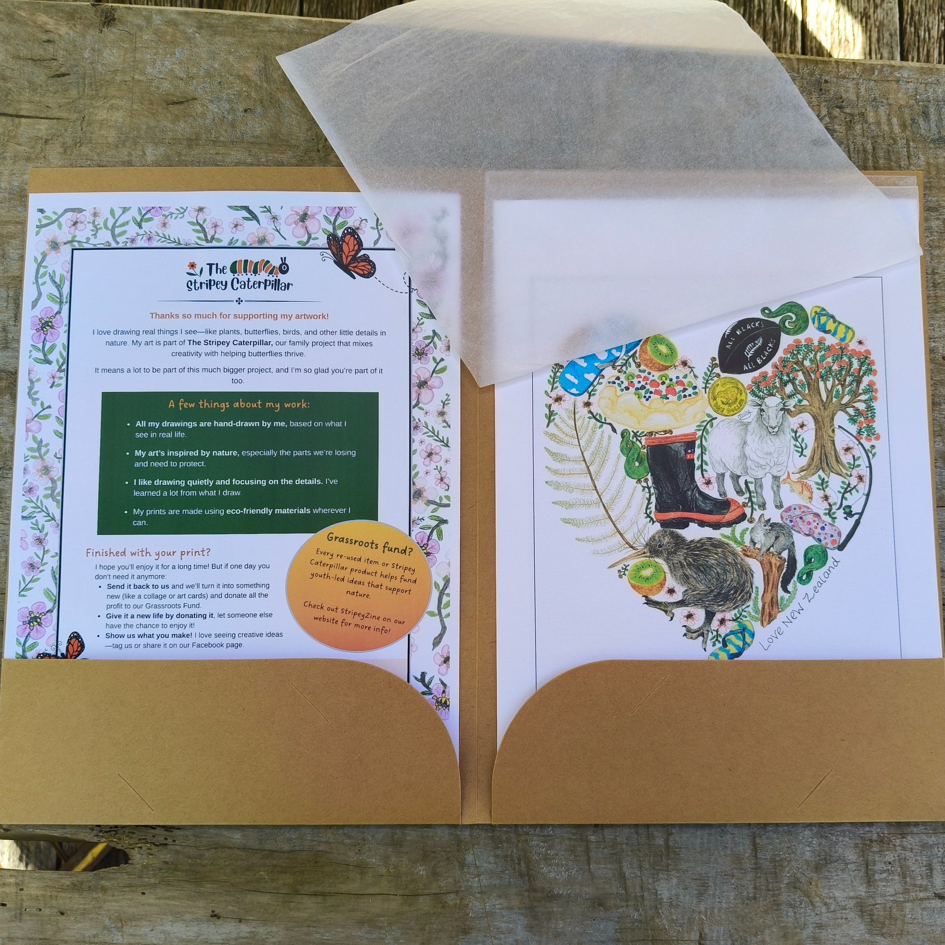 Kiwiana-themed art print by Milly – hand-drawn design featuring gumboots, sheep and kiwi