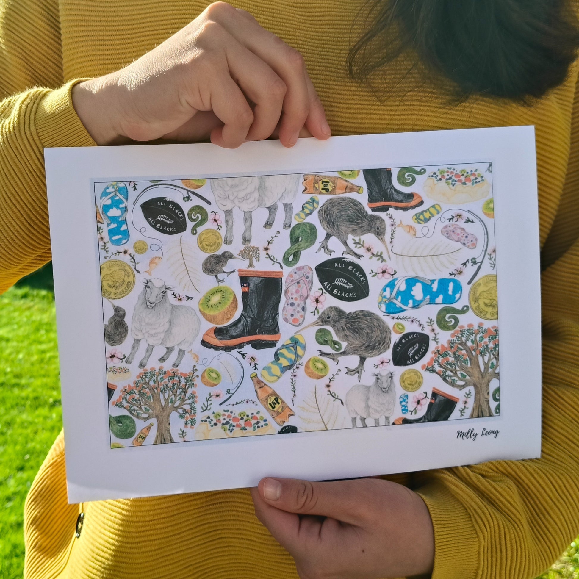 Kiwiana-themed art print by Milly – hand-drawn design featuring kiwi, gumboots and pavlova