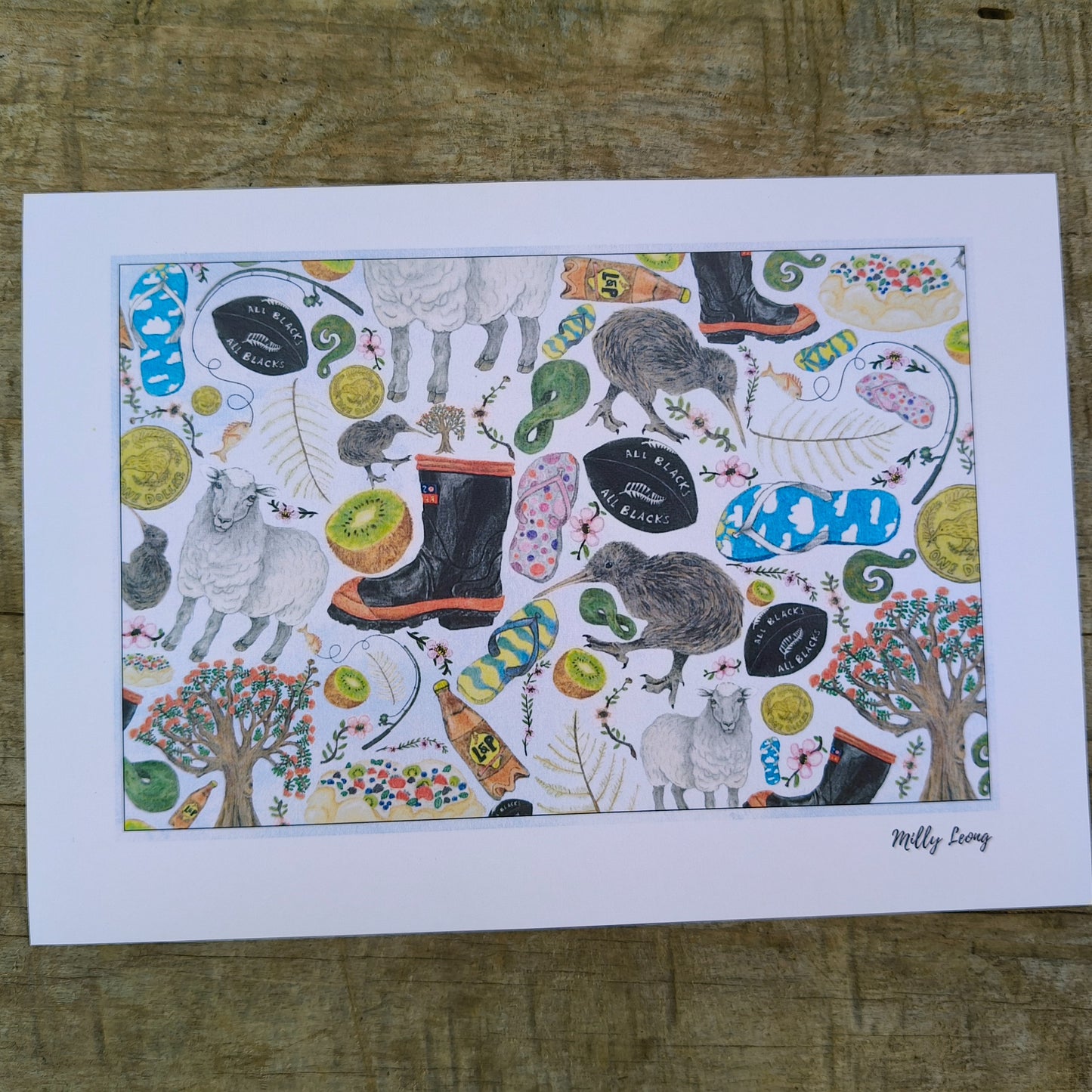 Kiwiana-themed art print by Milly – hand-drawn design featuring kiwi, gumboots and pavlova