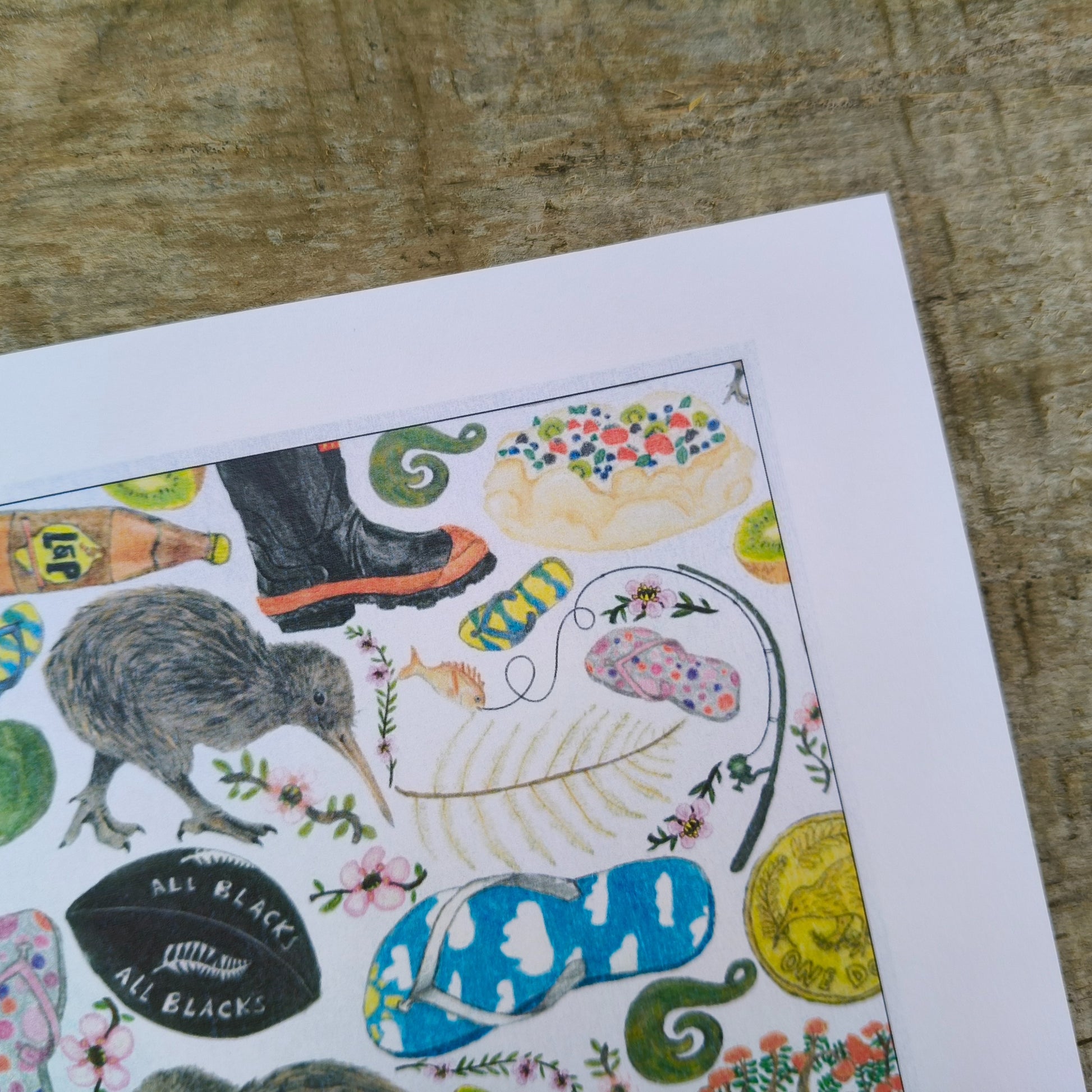 Kiwiana-themed art print by Milly – hand-drawn design featuring kiwi, gumboots and pavlova