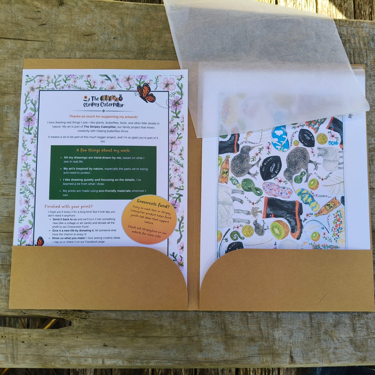 Kiwiana-themed art print by Milly – hand-drawn design featuring kiwi, gumboots and pavlova