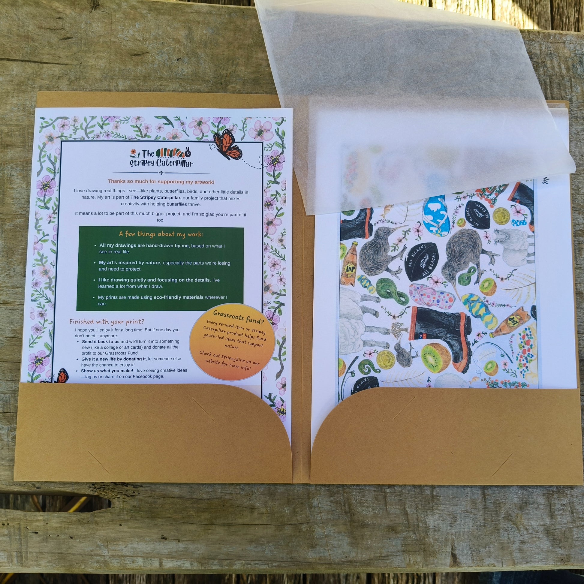 Kiwiana-themed art print by Milly – hand-drawn design featuring kiwi, gumboots and pavlova