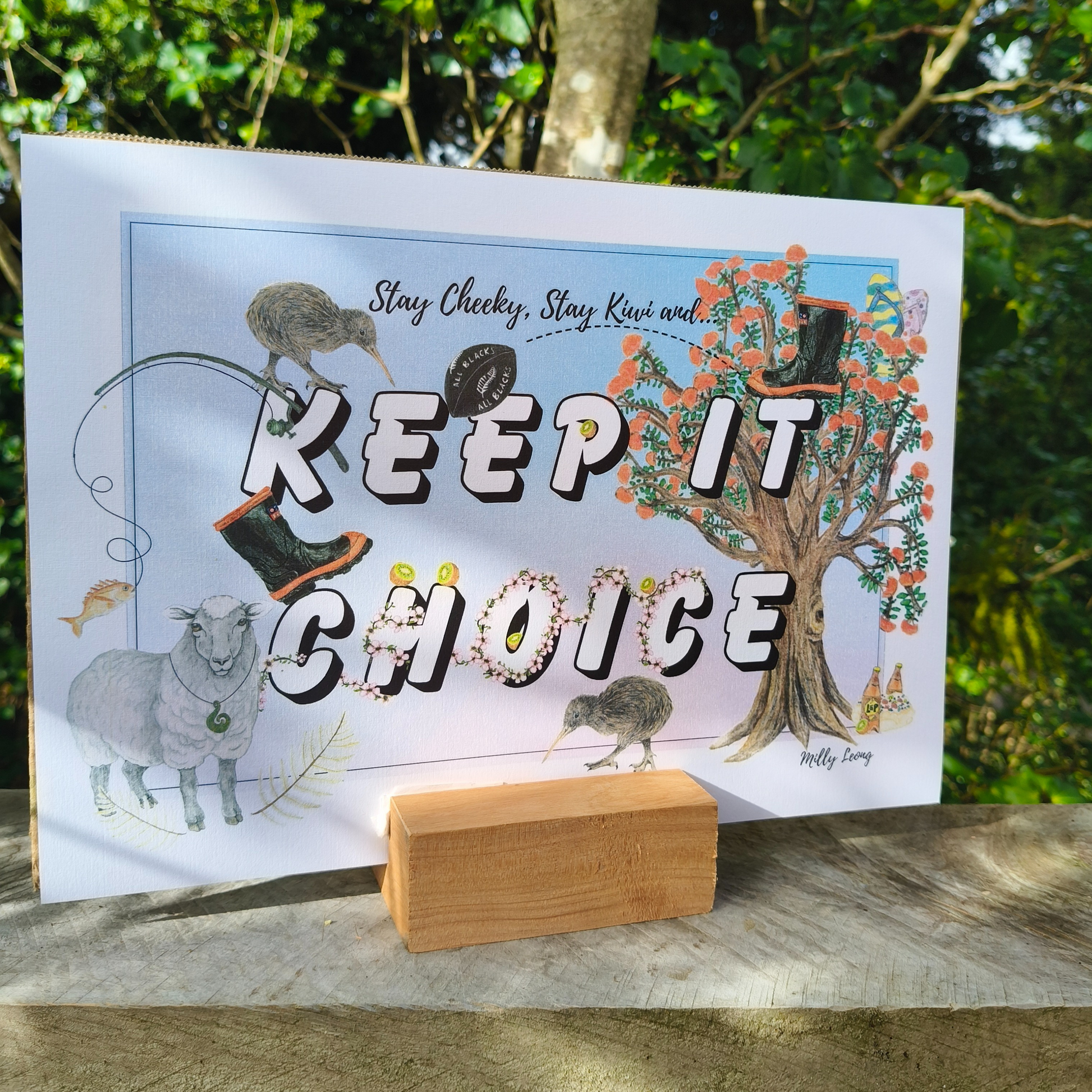 Art print with illustrations of animals and text 'Keep It Choice' on a natural background
