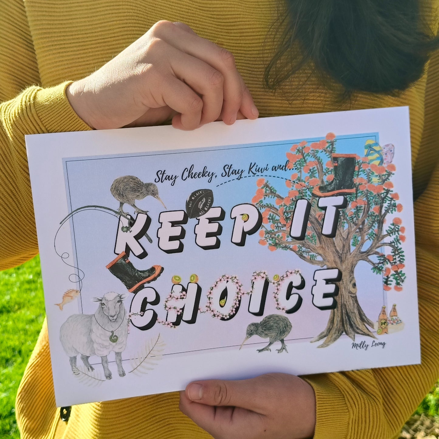 Kiwiana-themed art print by Milly – hand-drawn design featuring a sheep, kiwi and gumboots