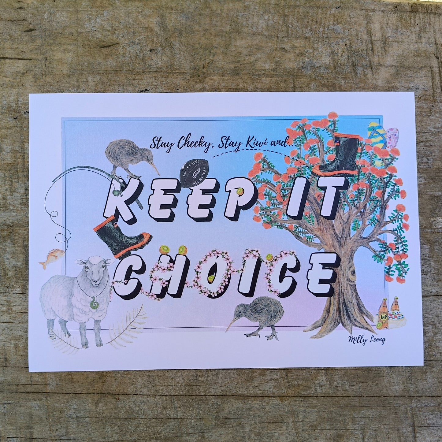 Kiwiana-themed art print by Milly – hand-drawn design featuring a sheep, kiwi and gumboots
