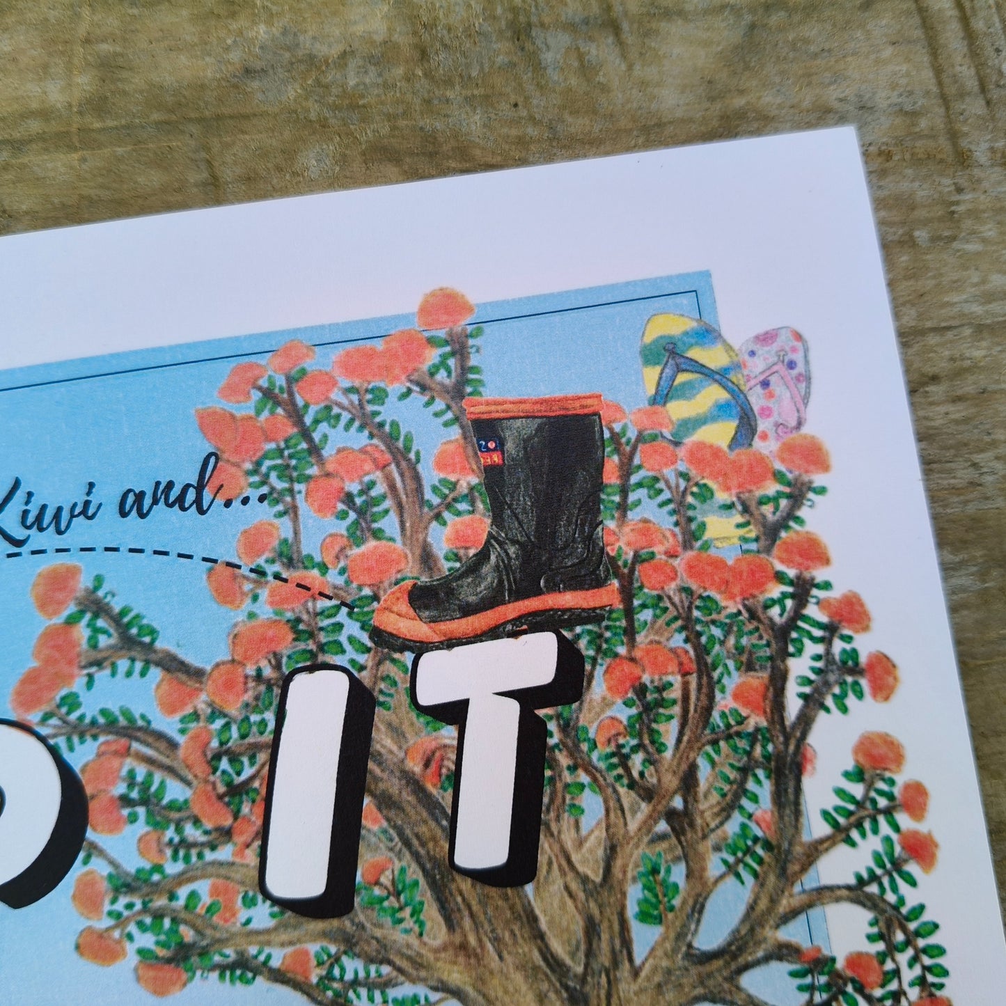 Kiwiana-themed art print by Milly – hand-drawn design featuring a sheep, kiwi and gumboots