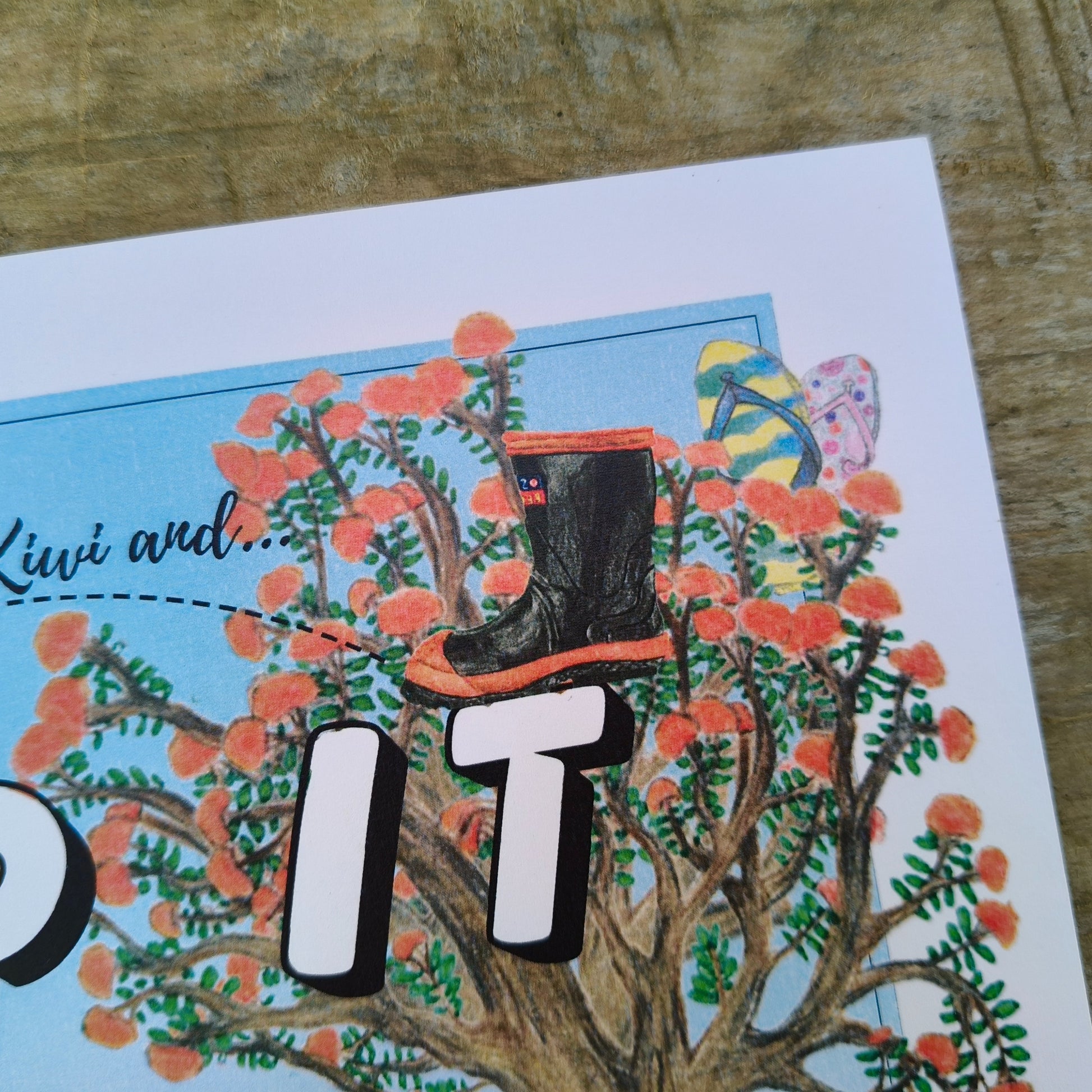 Kiwiana-themed art print by Milly – hand-drawn design featuring a sheep, kiwi and gumboots