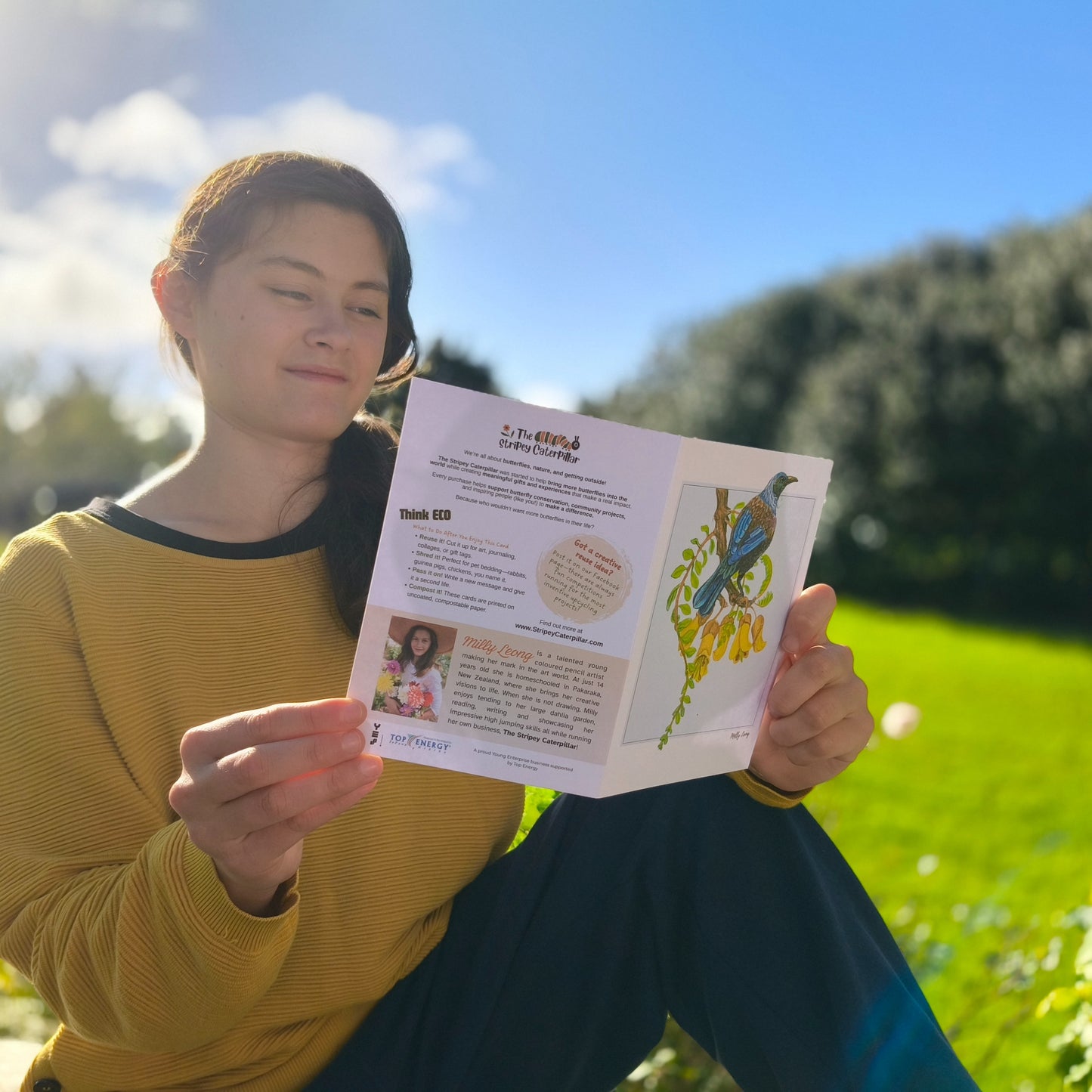 Tui on a kowhai branch greeting card by Milly at the Stripey Caterpillar.