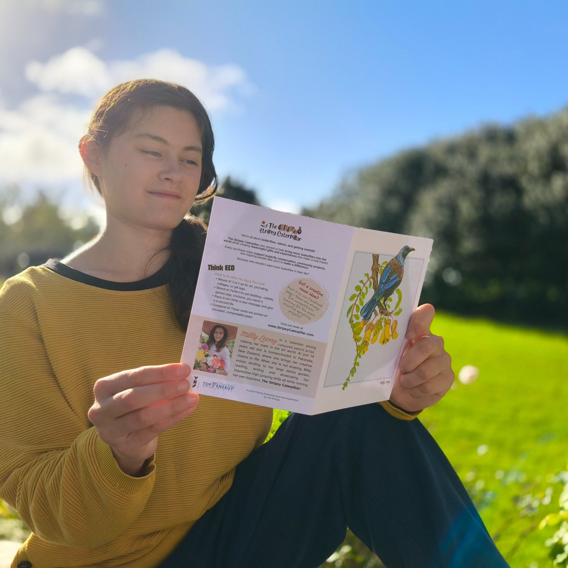 Tui on a kowhai branch greeting card by Milly at the Stripey Caterpillar.