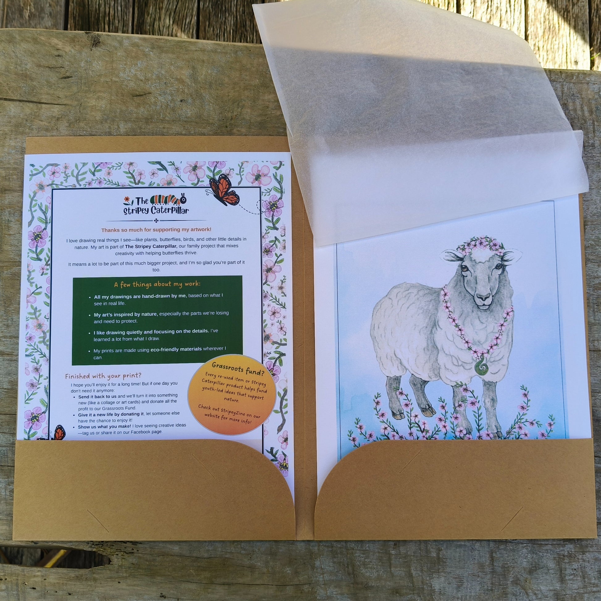 Hand-drawn image of a New Zealand sheep by Milly available in A4, A3 and A2.