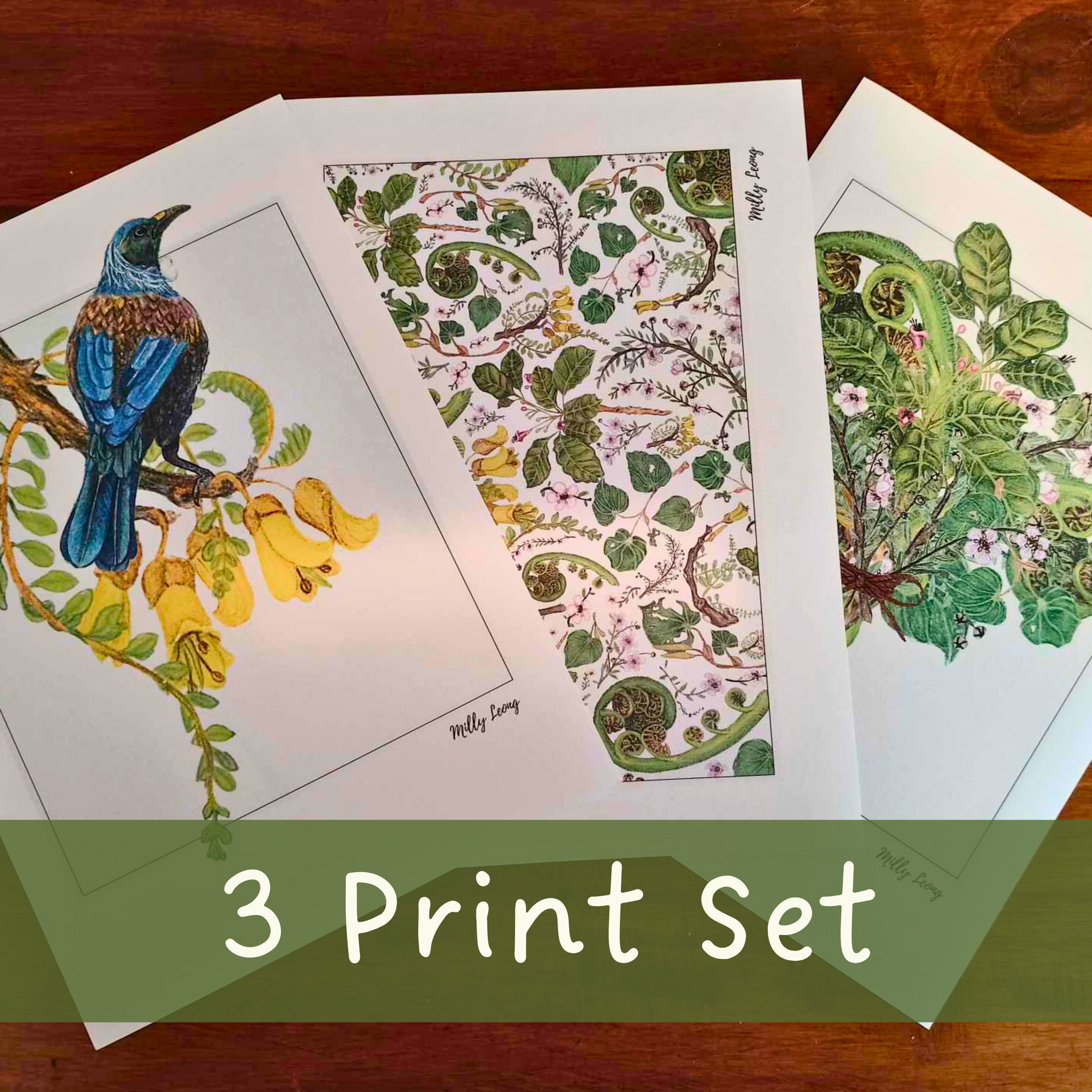 Calm Nature art print set by Milly – includes Native Leaf Bouquet, NZ Flora Flatlay, Kōwhai & Tūī