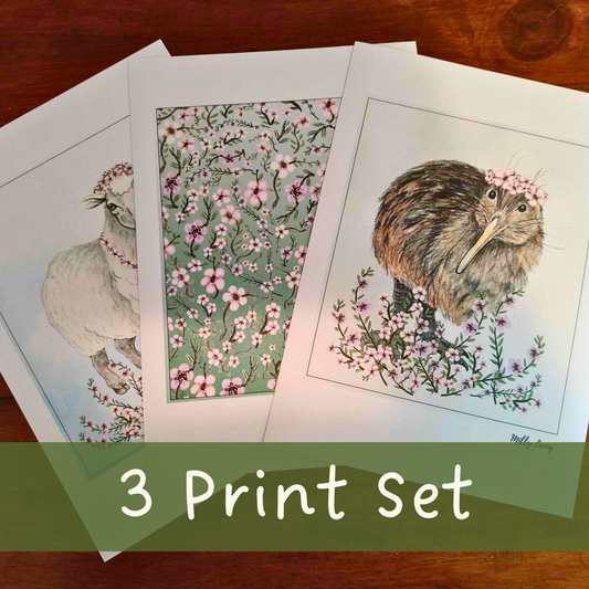 Kiwi Icons art print set by Milly – includes Kiwi, Sheep, Mānuka