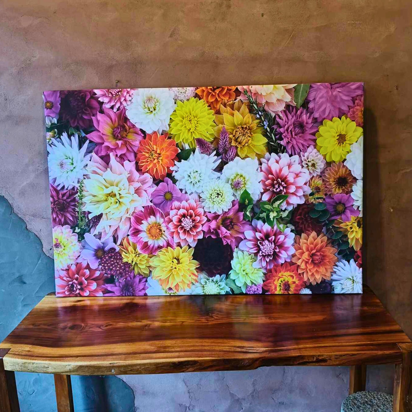 A large canvas full of dahlias, colourful and bright by Gracie-Mae Photography.