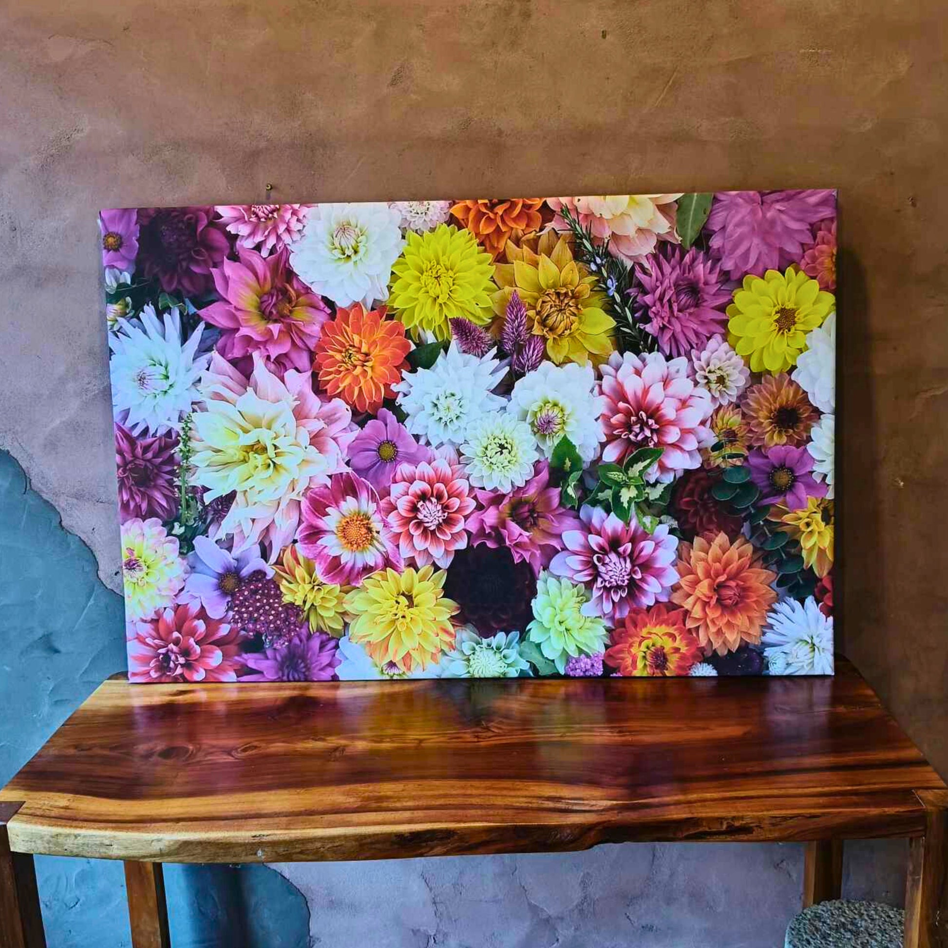 A large canvas full of dahlias, colourful and bright by Gracie-Mae Photography.