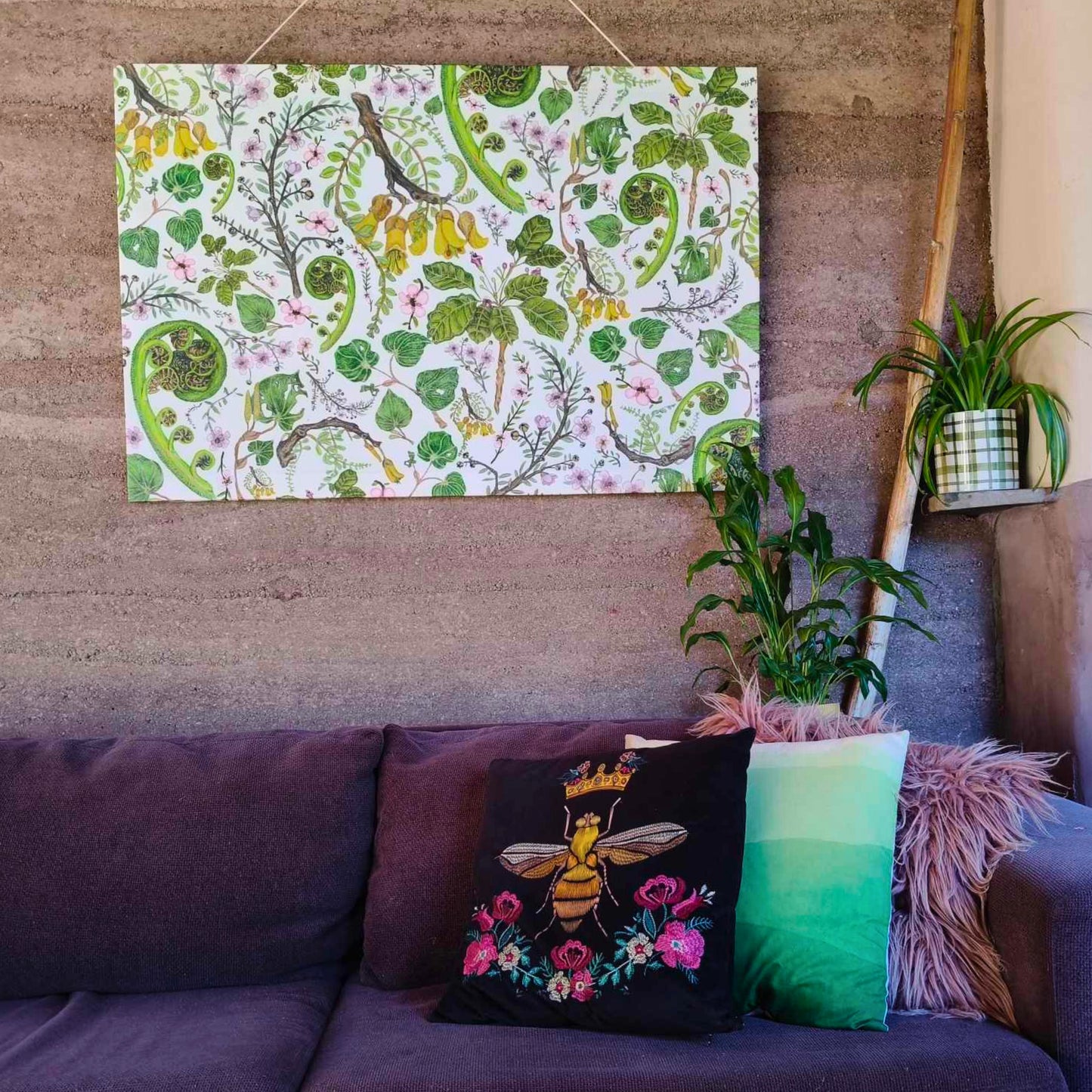 Large canvas with New Zealand flora hand drawn by Milly from The Stripey Caterpillar.