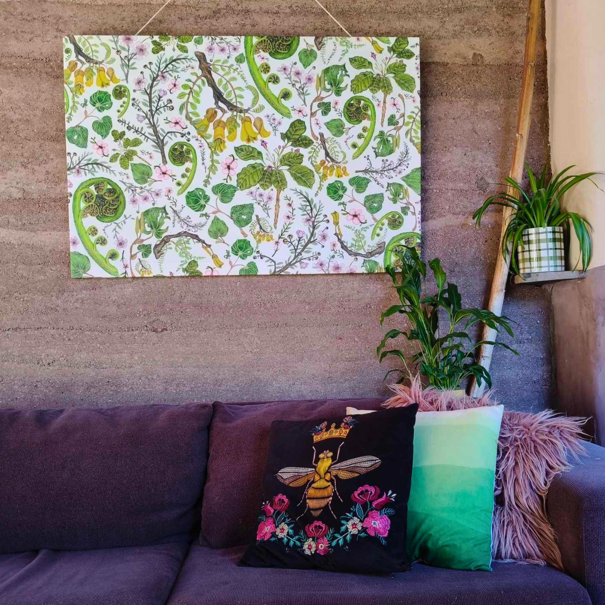 Large canvas with New Zealand flora hand drawn by Milly from The Stripey Caterpillar.