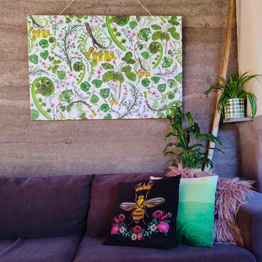 Large canvas with New Zealand flora hand drawn by Milly from The Stripey Caterpillar.