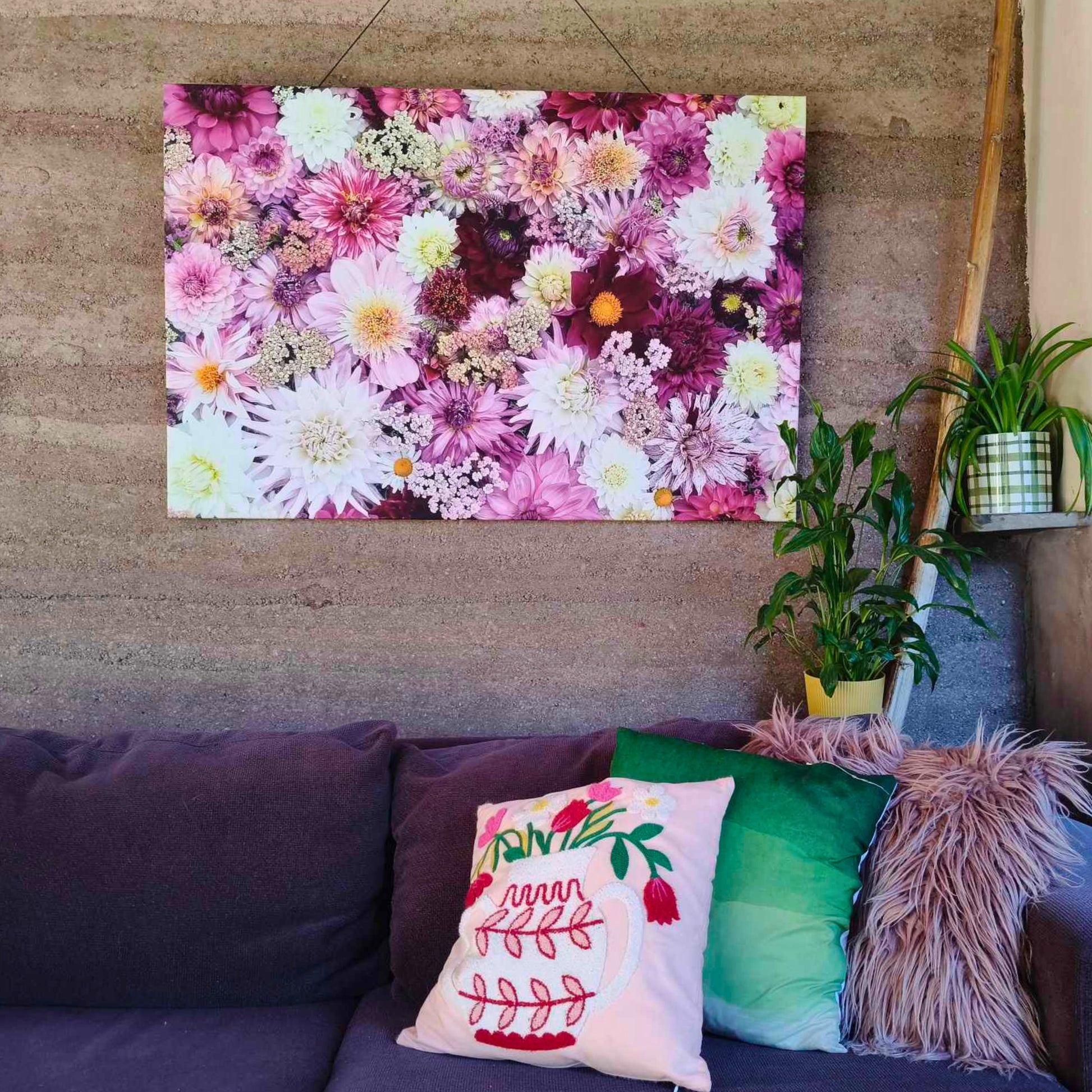 A large canvas showing purple and white dahlias bred by Green Footed Kiwi and photographed by Gracie-Mae Photography
