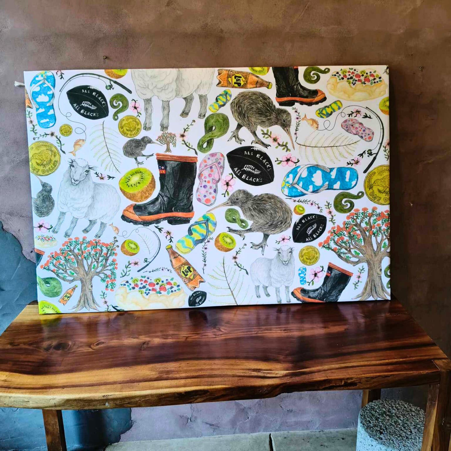 A large kiwiana canvas hand-drawn by Milly from The Stripey Caterpillar.