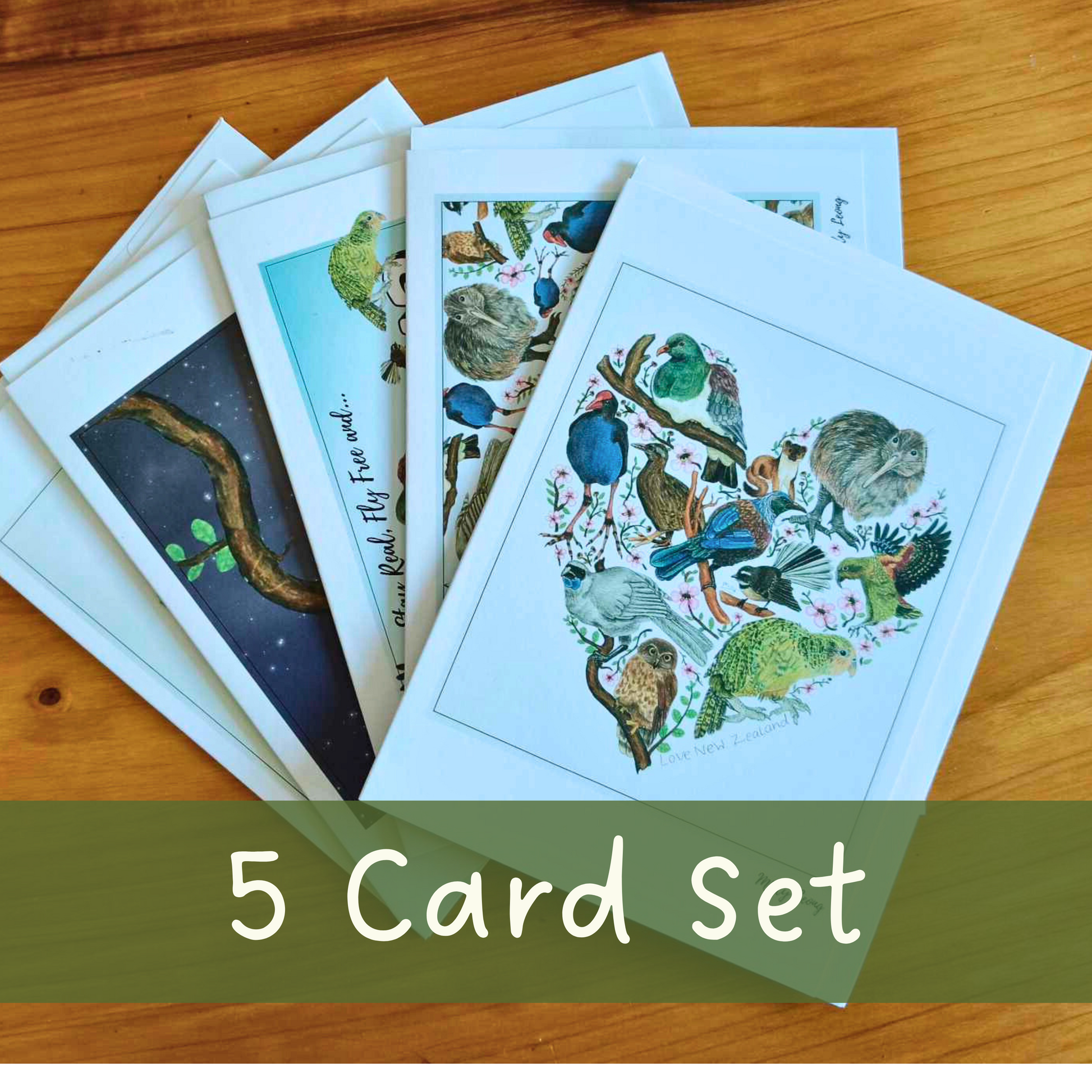 Set of five NZ bird greeting cards featuring hand-drawn designs by Milly – blank inside