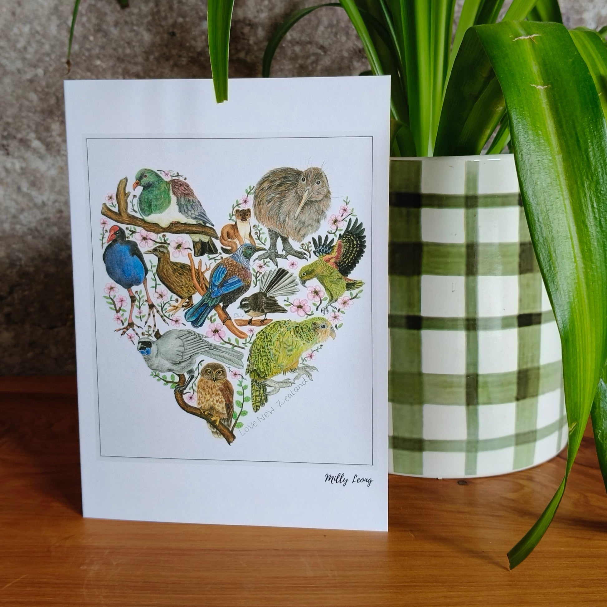 Hand-drawn NZ bird heart greeting card by Milly – blank inside