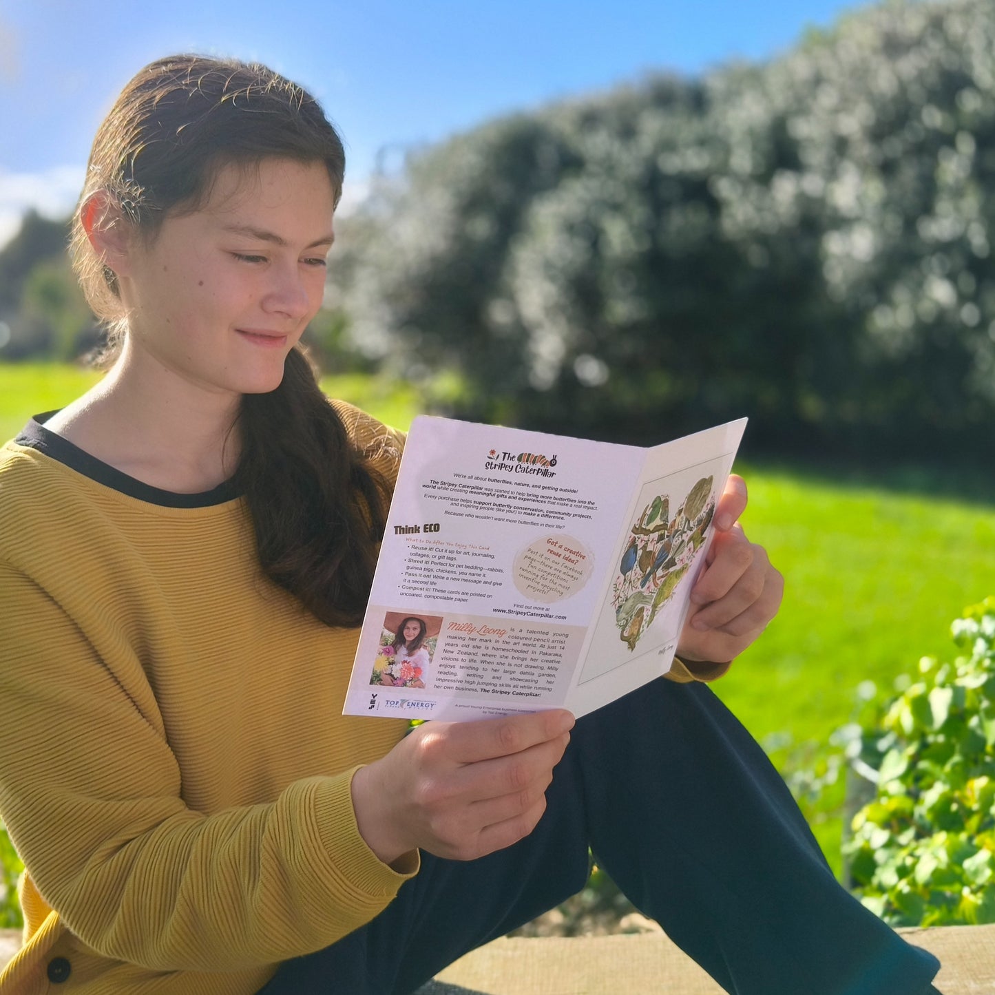 Hand-drawn NZ bird heart greeting card by Milly – blank inside