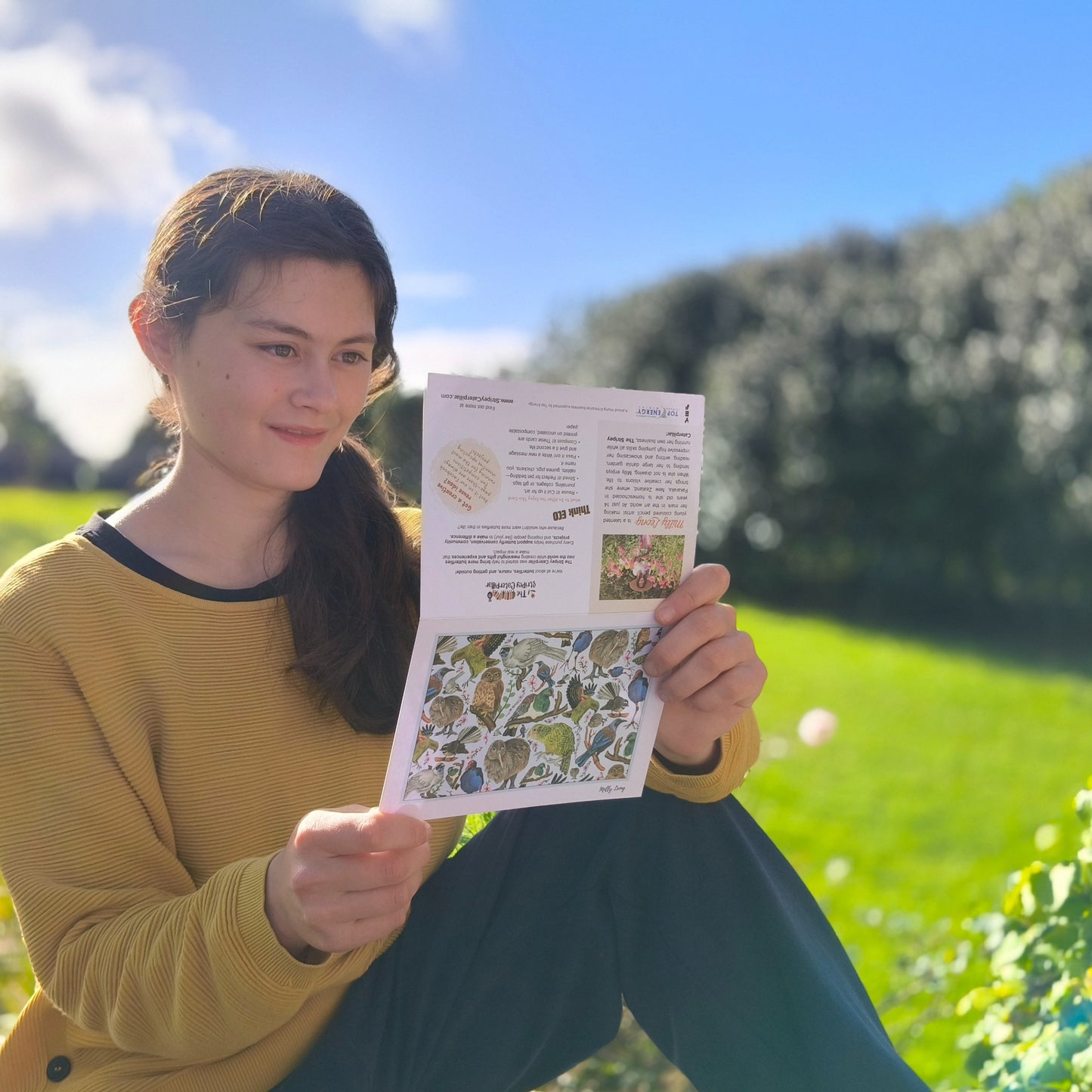 Hand-drawn NZ bird flatlay greeting card by Milly – blank inside