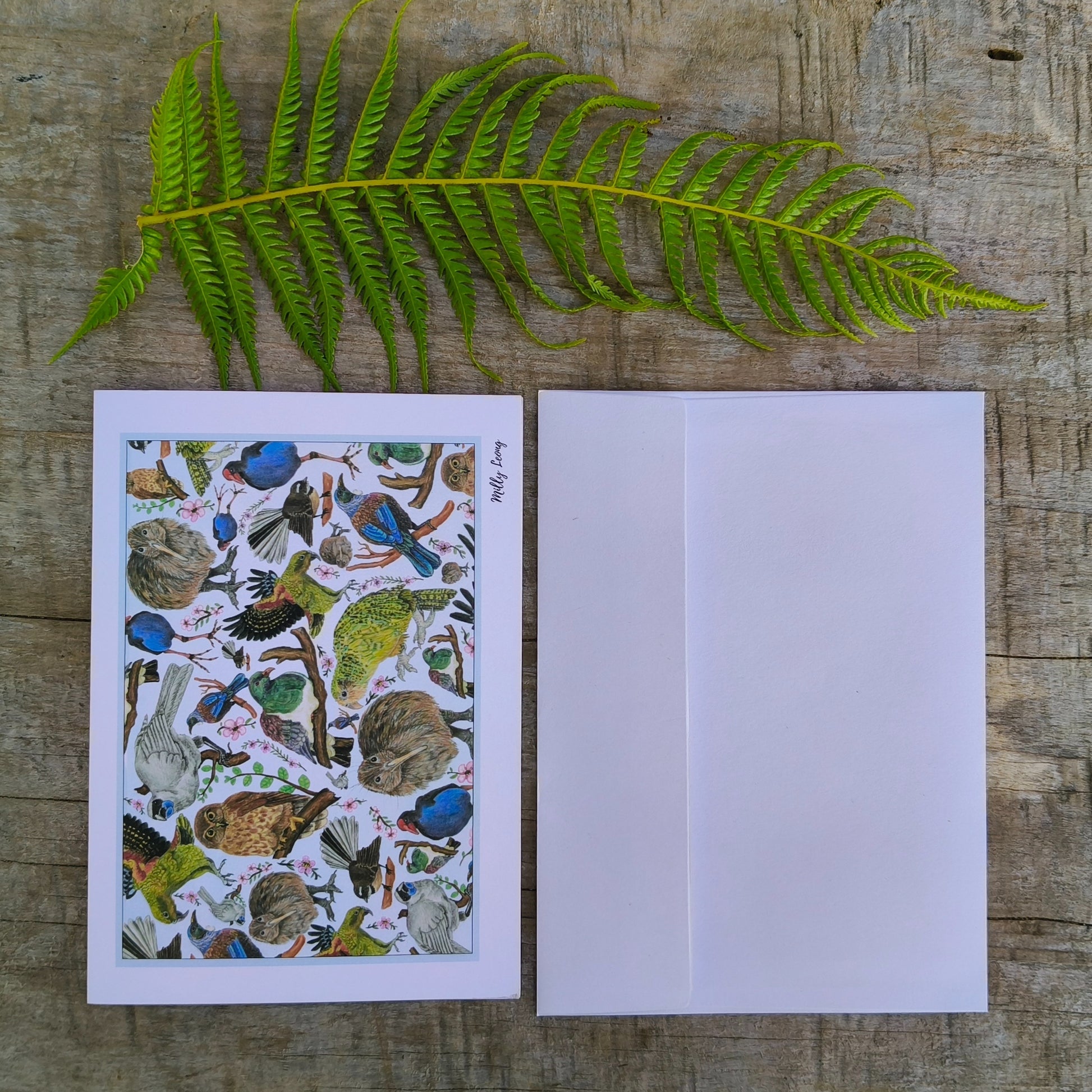 Hand-drawn NZ bird flatlay greeting card by Milly – blank inside