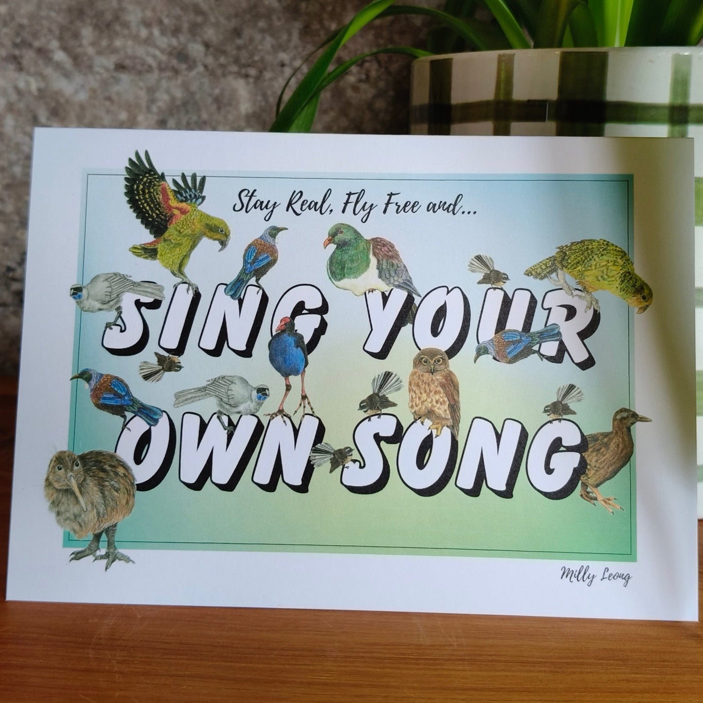 Hand-drawn ‘Sing Your Own Song’ NZ bird greeting card by Milly – blank inside