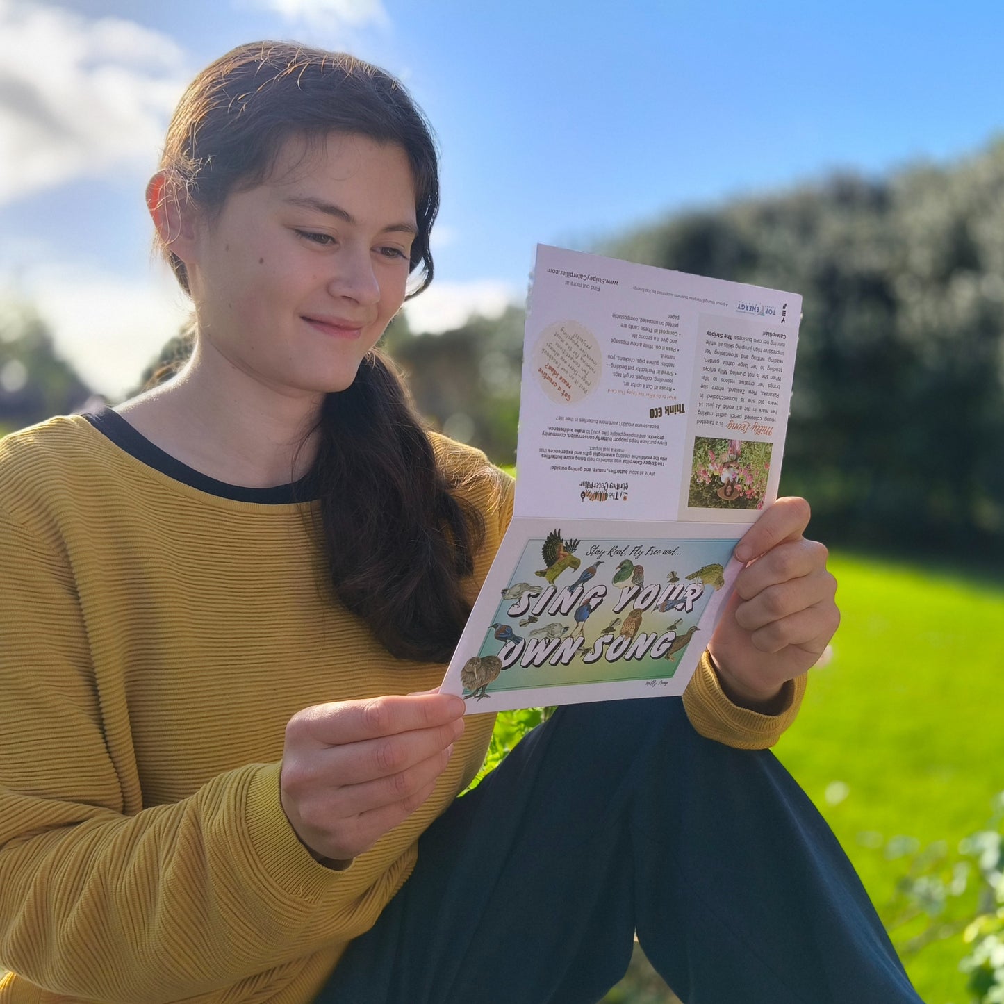 Hand-drawn ‘Sing Your Own Song’ NZ bird greeting card by Milly – blank inside