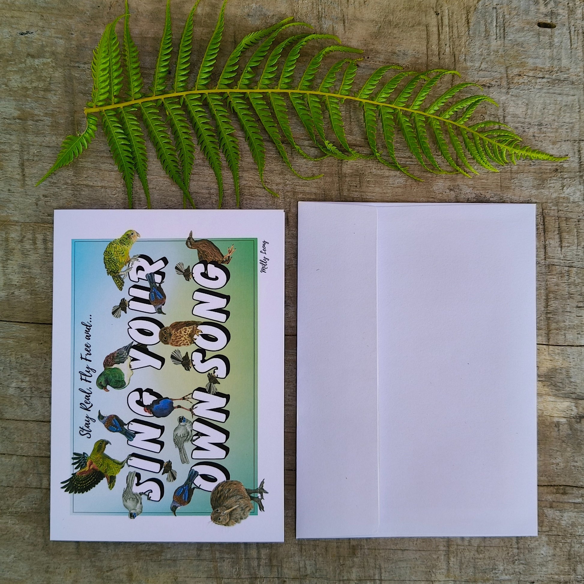 Hand-drawn ‘Sing Your Own Song’ NZ bird greeting card by Milly – blank inside
