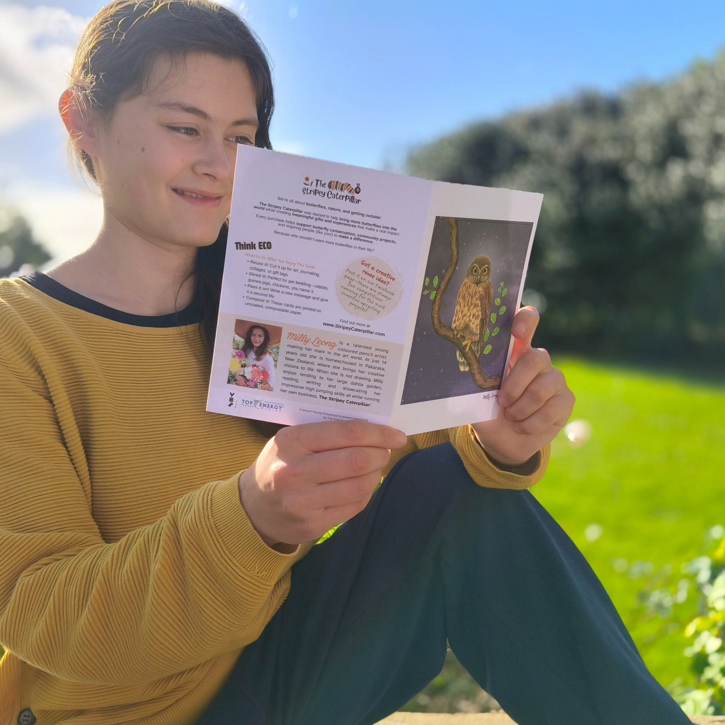 Hand-drawn morepork NZ owl greeting card by Milly – blank inside