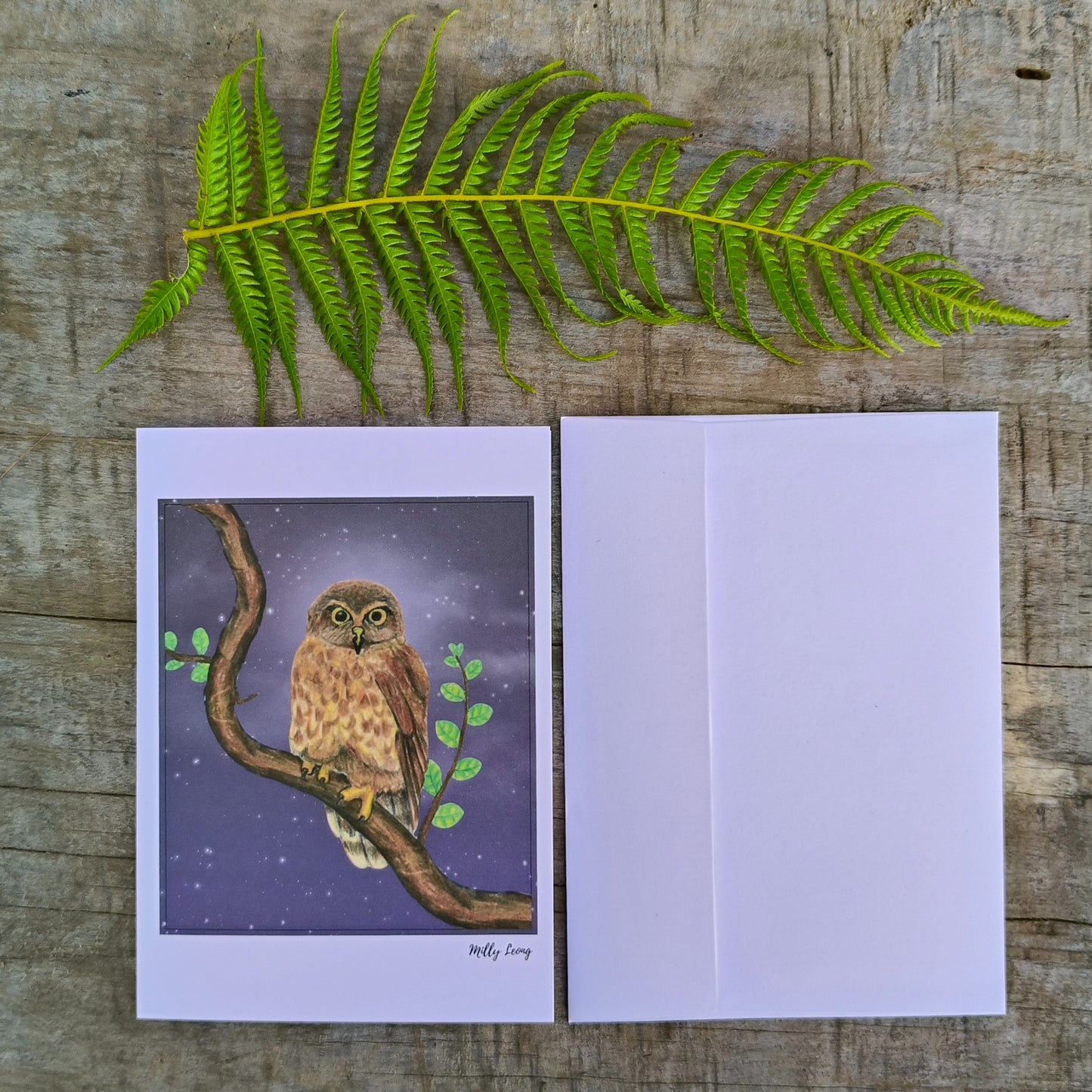 Hand-drawn morepork NZ owl greeting card by Milly – blank inside