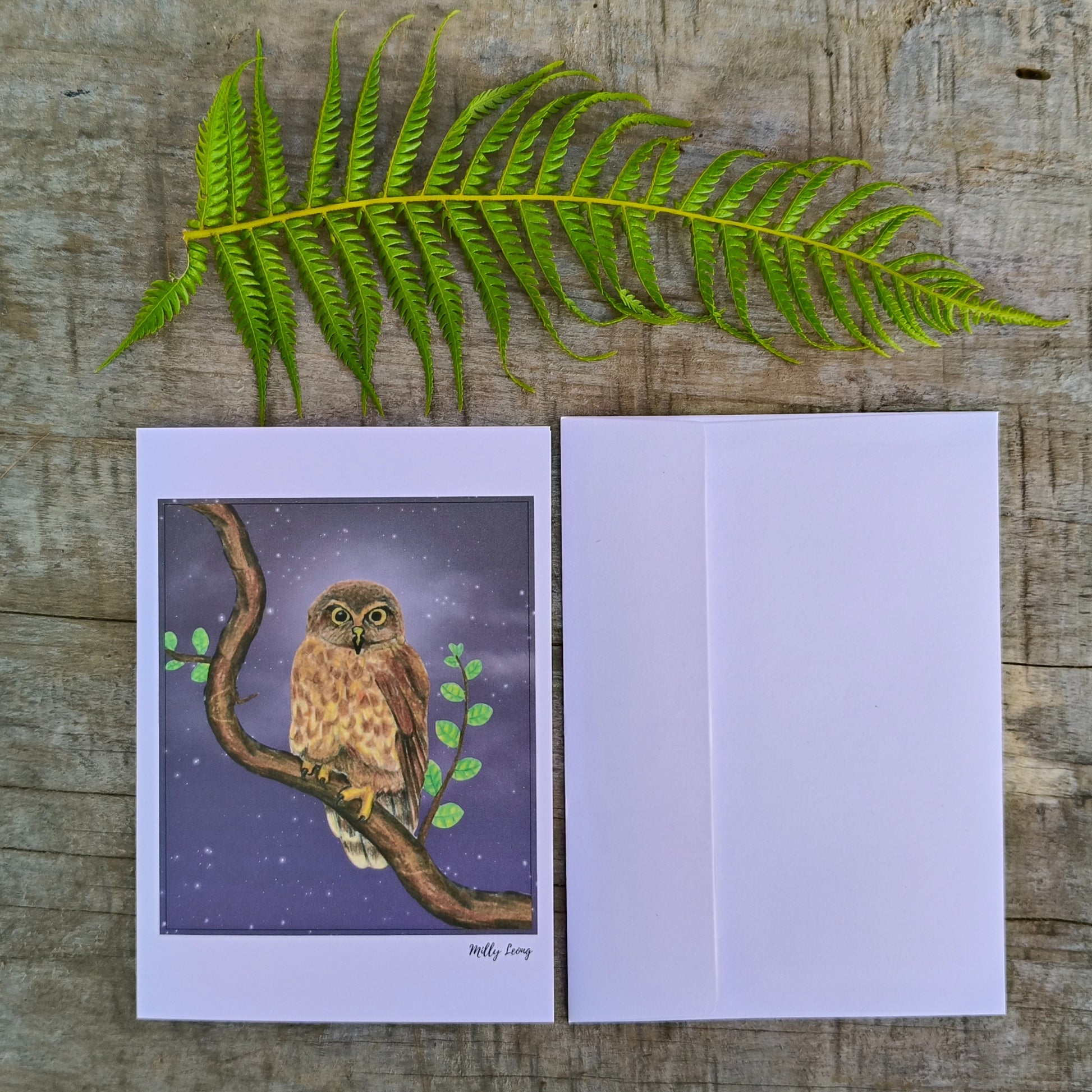 Hand-drawn morepork NZ owl greeting card by Milly – blank inside