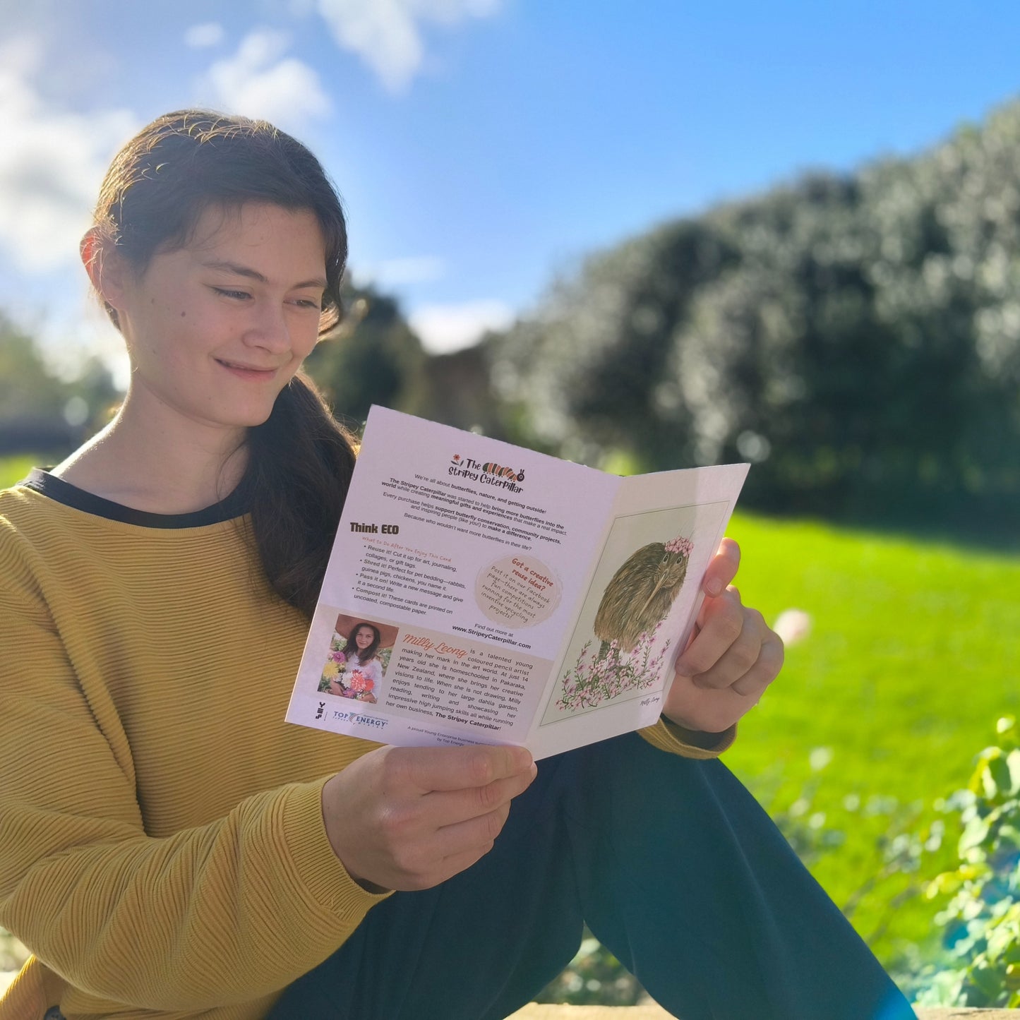 Hand-drawn kiwi bird greeting card by Milly – blank inside