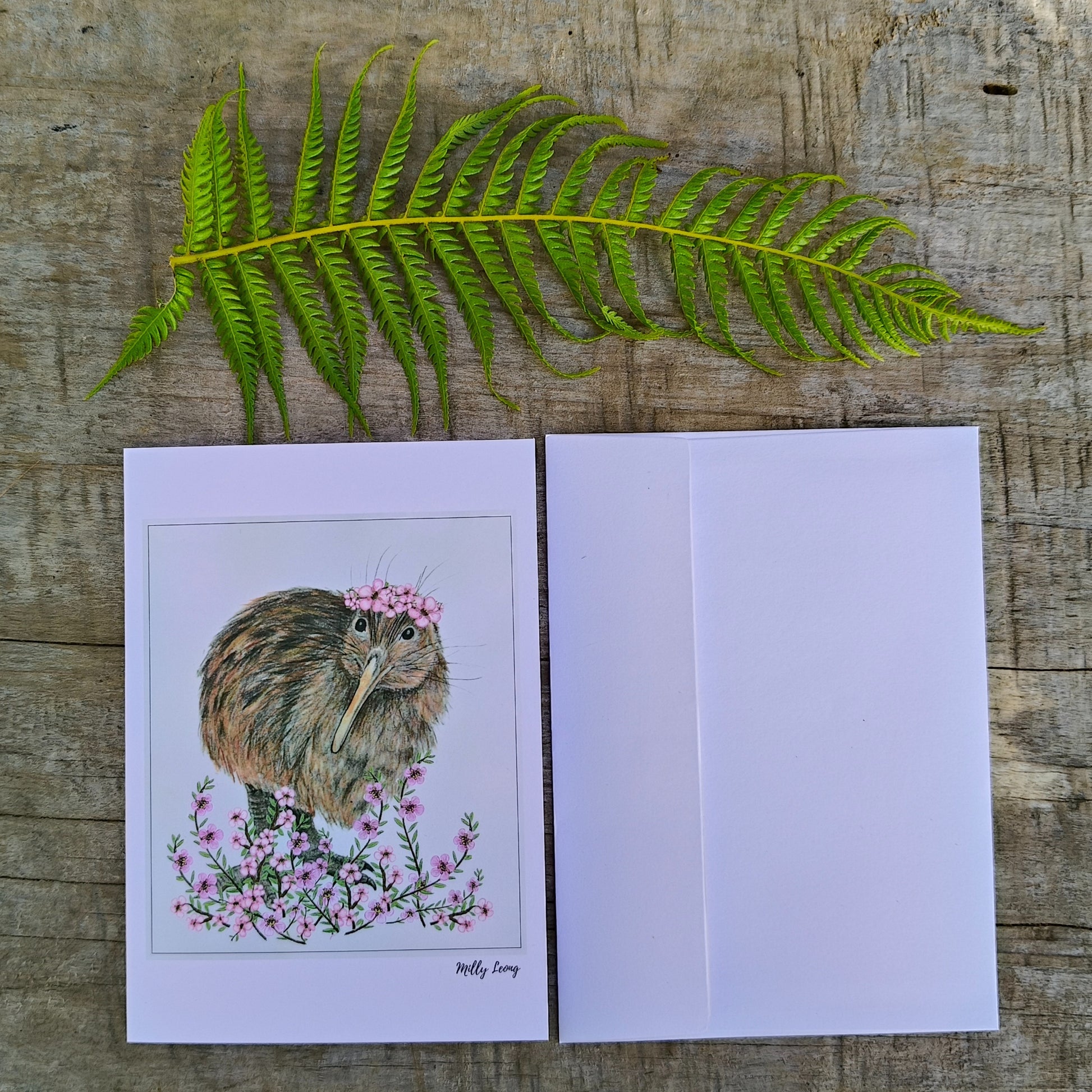 Hand-drawn kiwi bird greeting card by Milly – blank inside