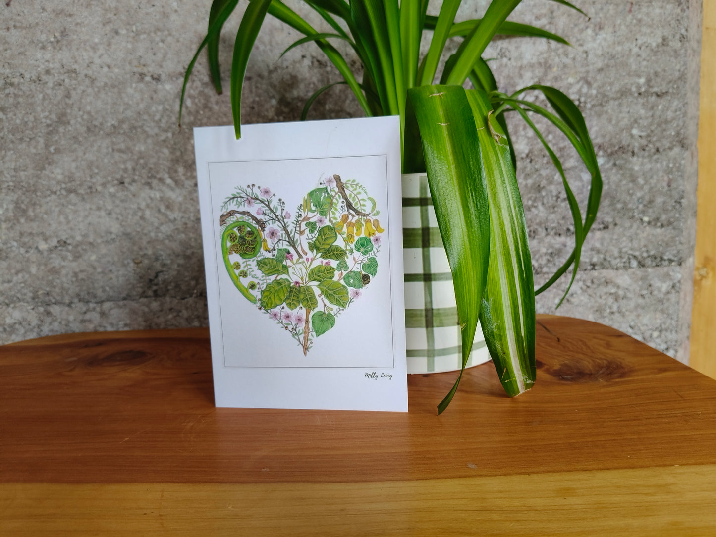 Hand-drawn NZ flora heart greeting card by Milly – blank inside