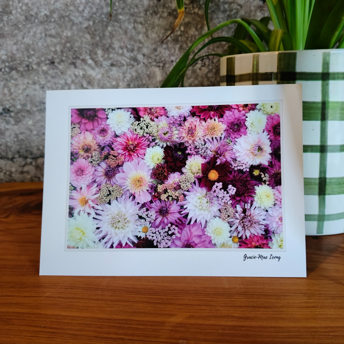 Greeting card featuring purple dahlia flatlay by Gracie-Mae – blank inside