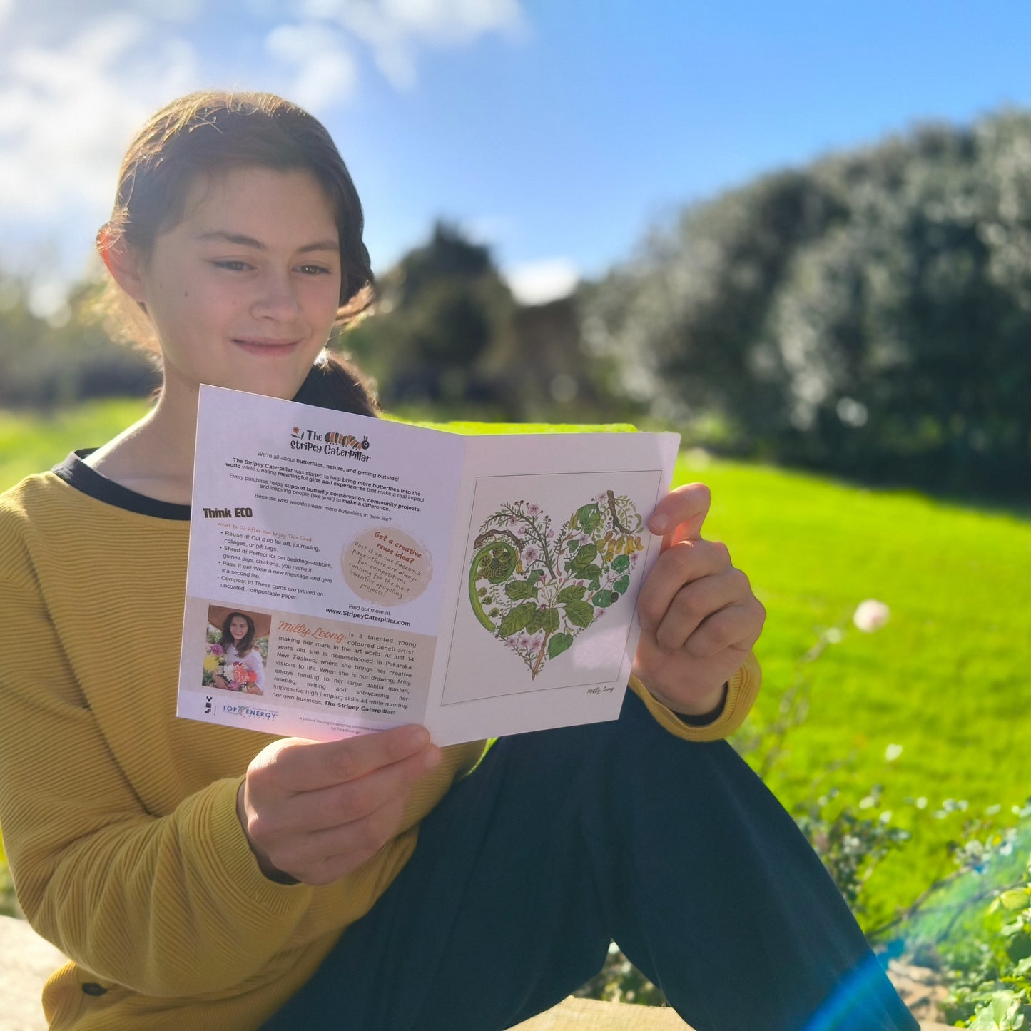 Hand-drawn NZ flora heart greeting card by Milly – blank inside