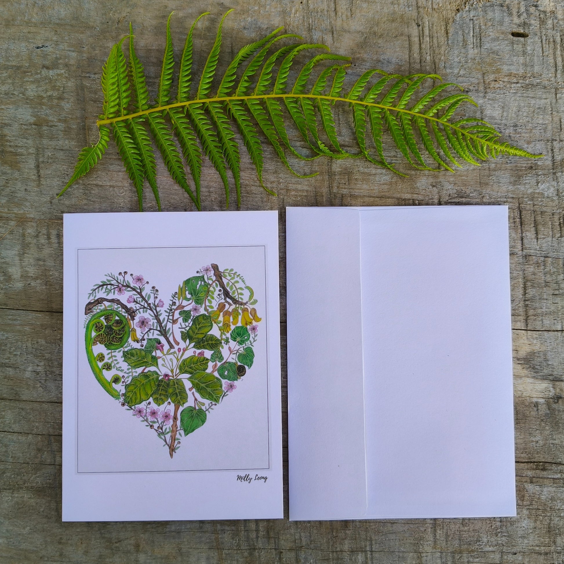 Hand-drawn NZ flora heart greeting card by Milly – blank inside