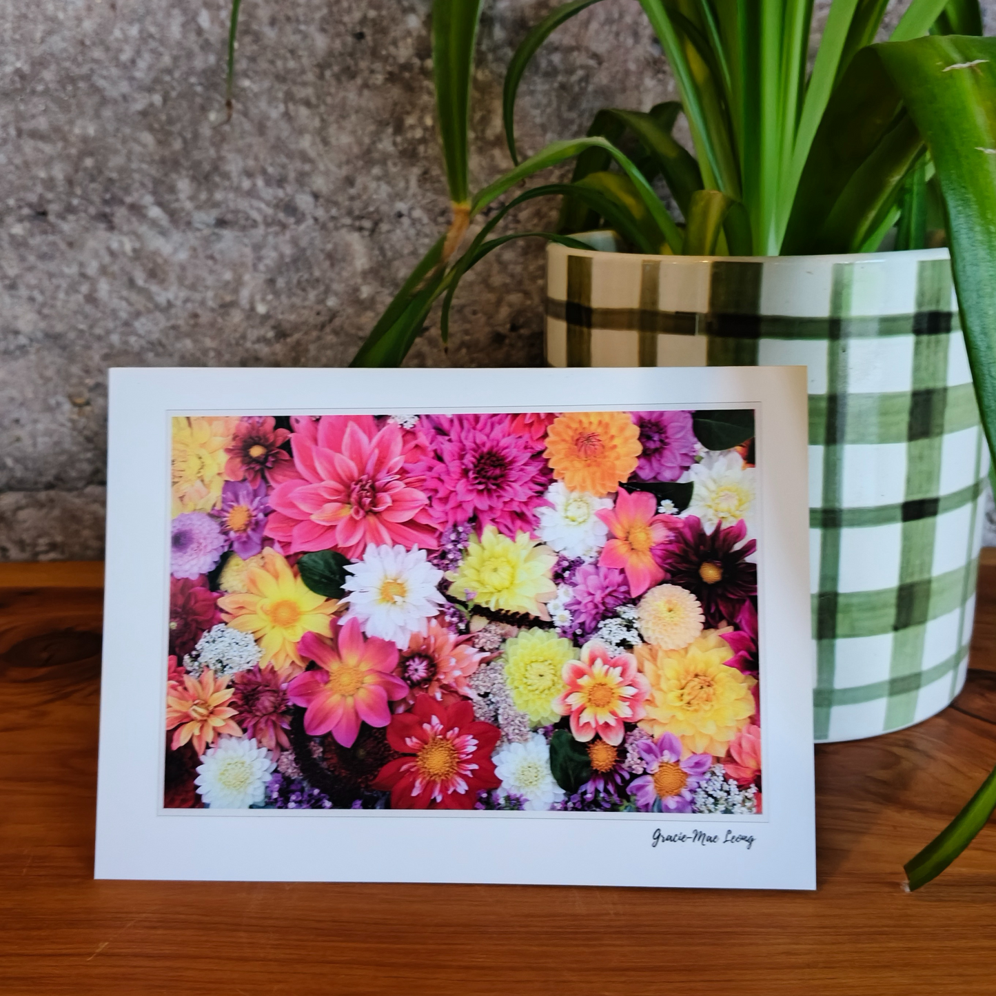Greeting card featuring dazzling dahlia flatlay by Gracie-Mae – blank inside