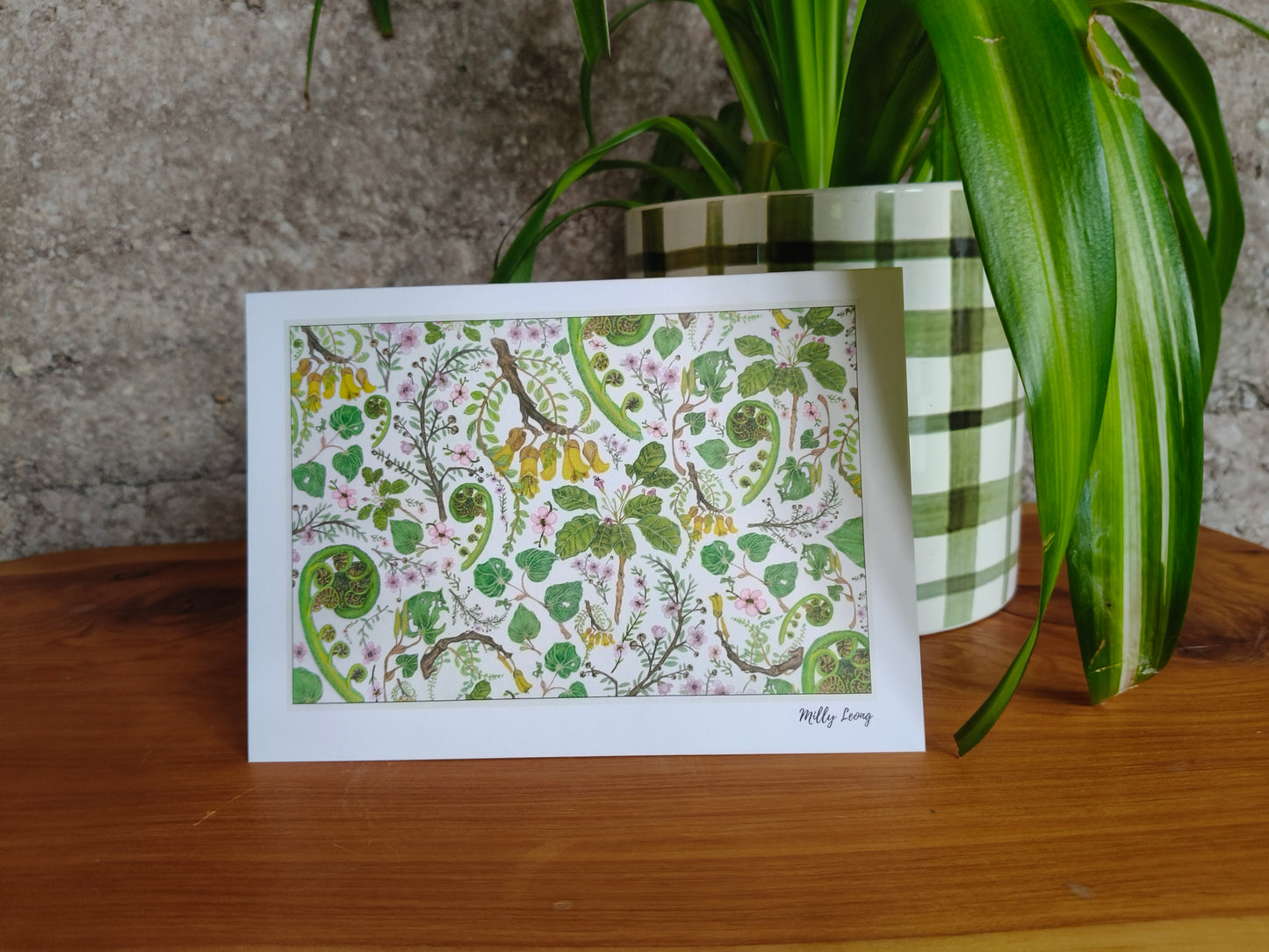 Hand-drawn NZ flora flatlay greeting card by Milly – blank inside
