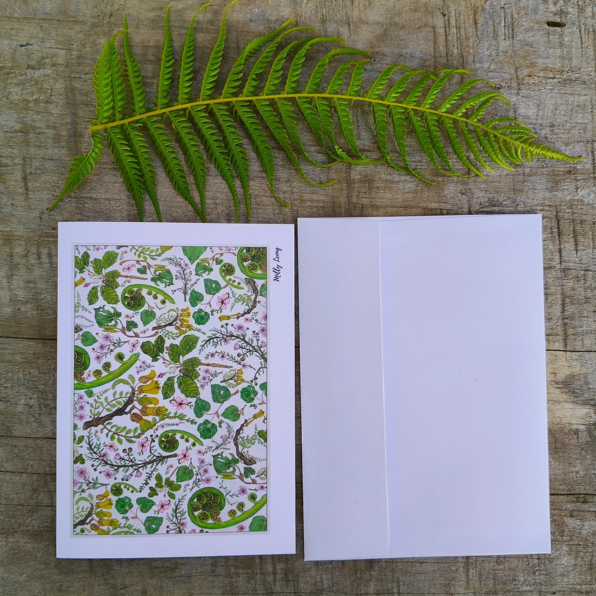 Hand-drawn NZ flora flatlay greeting card by Milly – blank inside