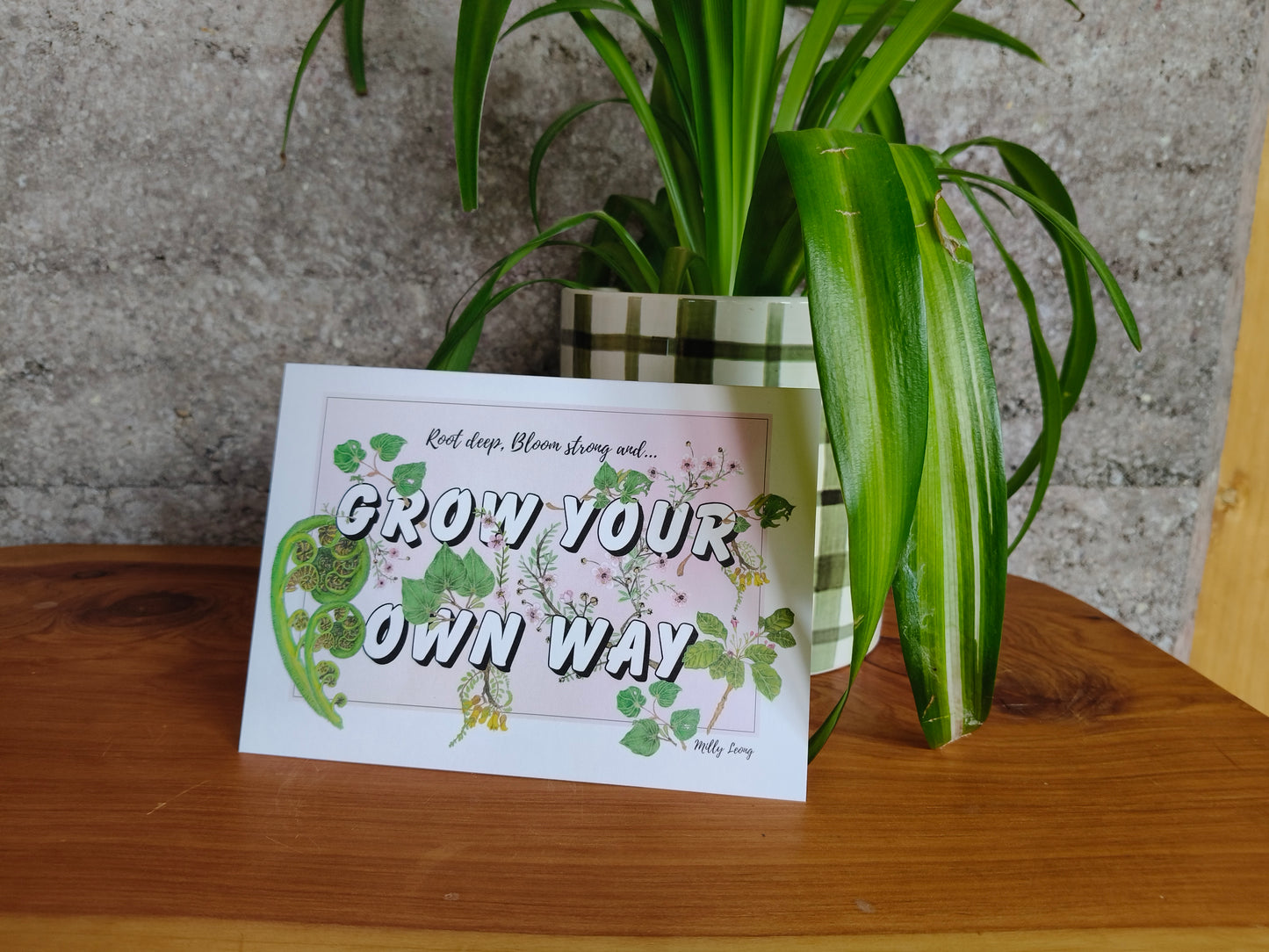 Hand-drawn ‘Grow Your Own Way’ NZ flora greeting card by Milly – blank inside