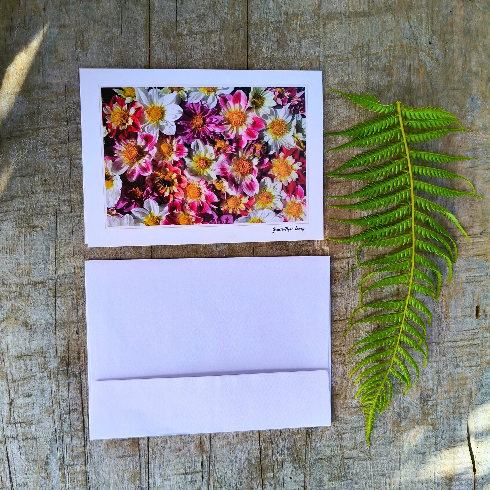 Greeting card featuring collarette dahlia flatlay by Gracie-Mae – blank inside