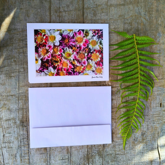 Greeting card featuring collarette dahlia flatlay by Gracie-Mae – blank inside