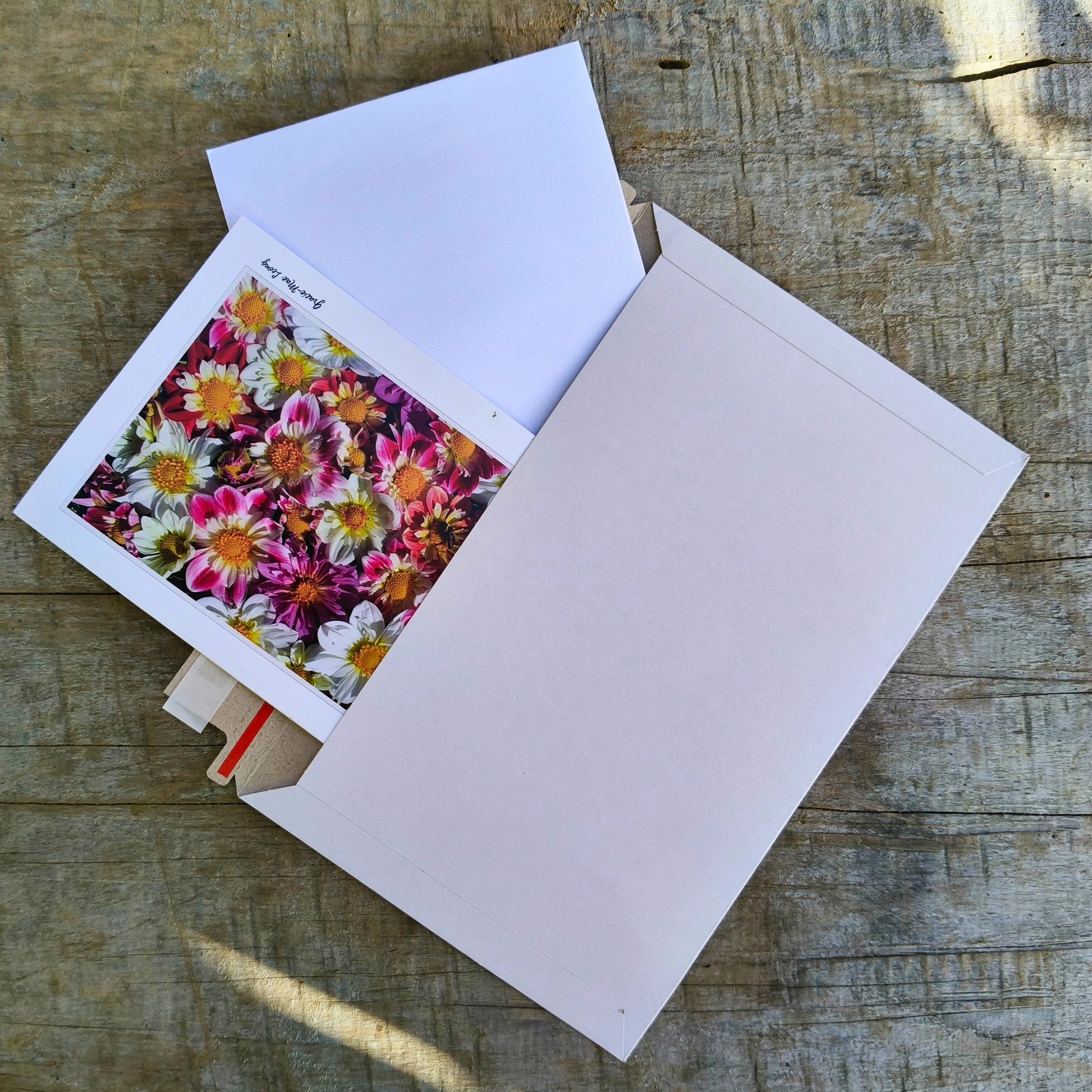 Greeting card featuring collarette dahlia flatlay by Gracie-Mae – blank inside